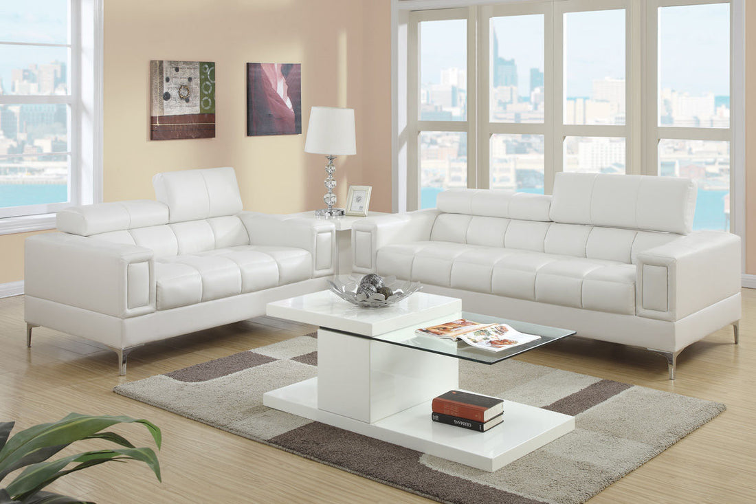 White Faux Leather Living Room 2Pc Sofa Set Sofa And Loveseat Furniture Couch Unique Design Metal Legs Adjustable Headrest White Faux Leather Wood Primary Living Space Tufted Back Classic,Contemporary Pine Square Arms Plywood 5 Seat