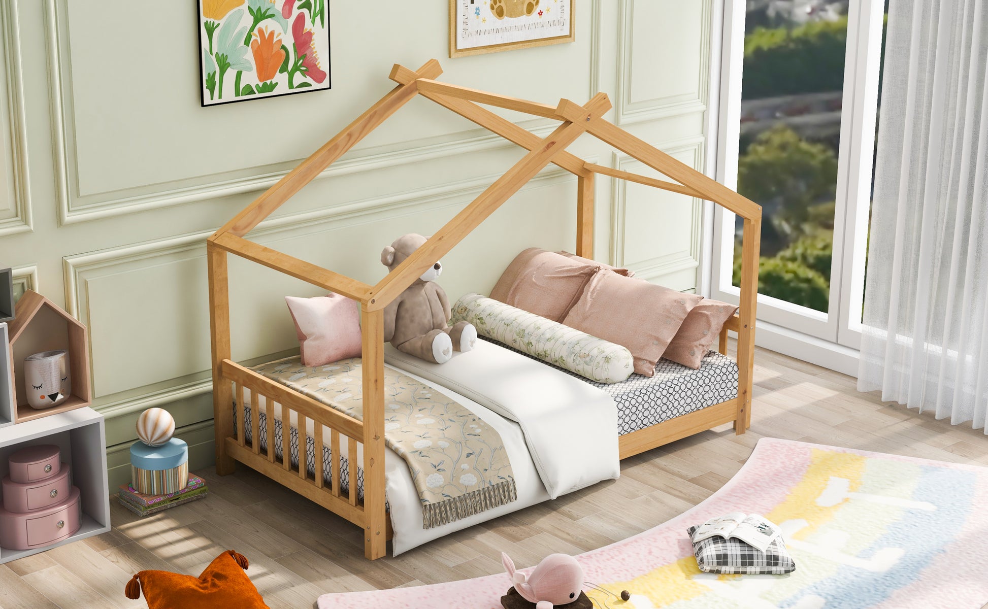 Twin Size House Platform Bed With Headboard And Footboard,Roof Design,Natural Natural Pine