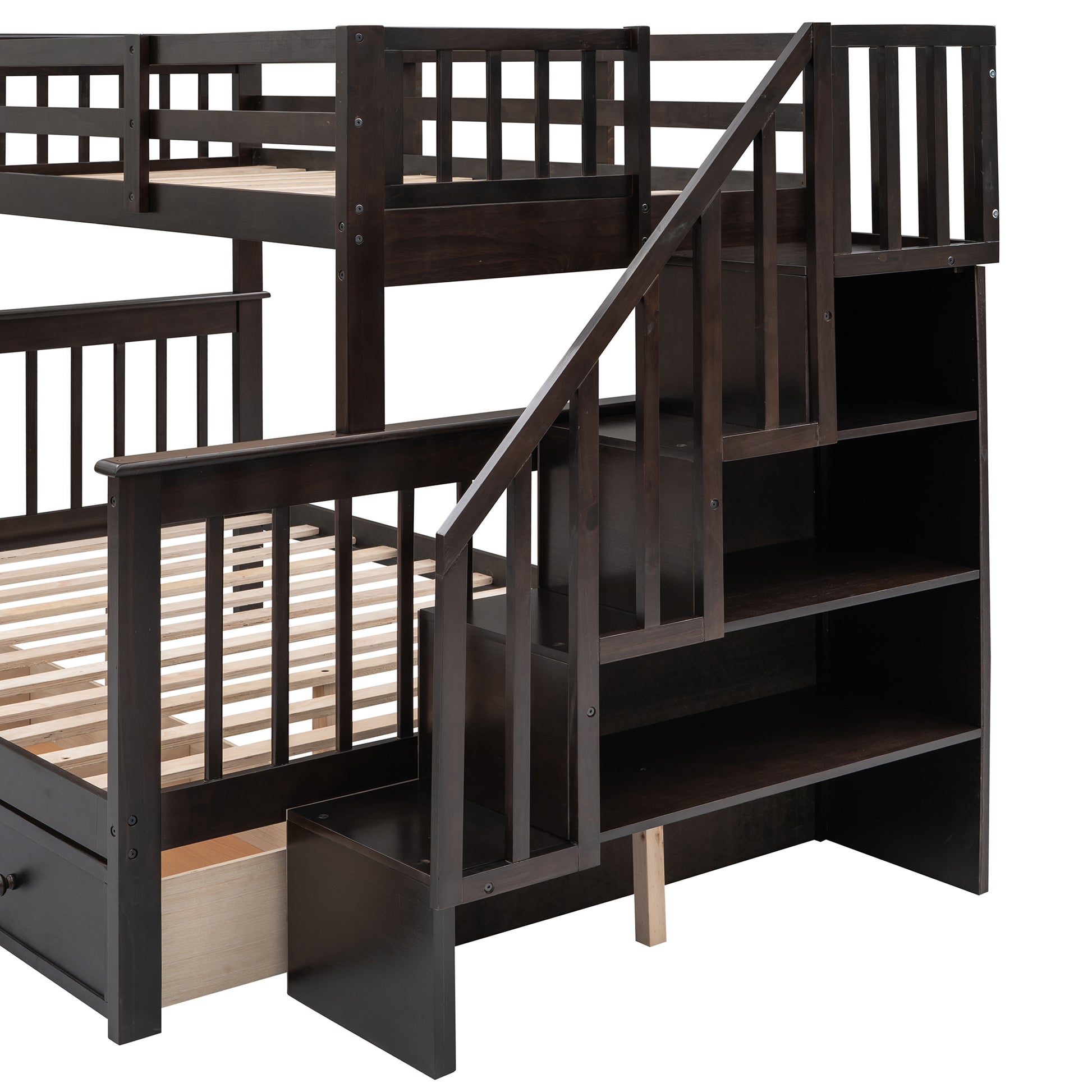 Stairway Twin Over Full Bunk Bed With Drawer, Storage And Guard Rail For Bedroom, Dorm, For Adults, Espresso Color Old Sku: Lp000219Aap Espresso Solid Wood