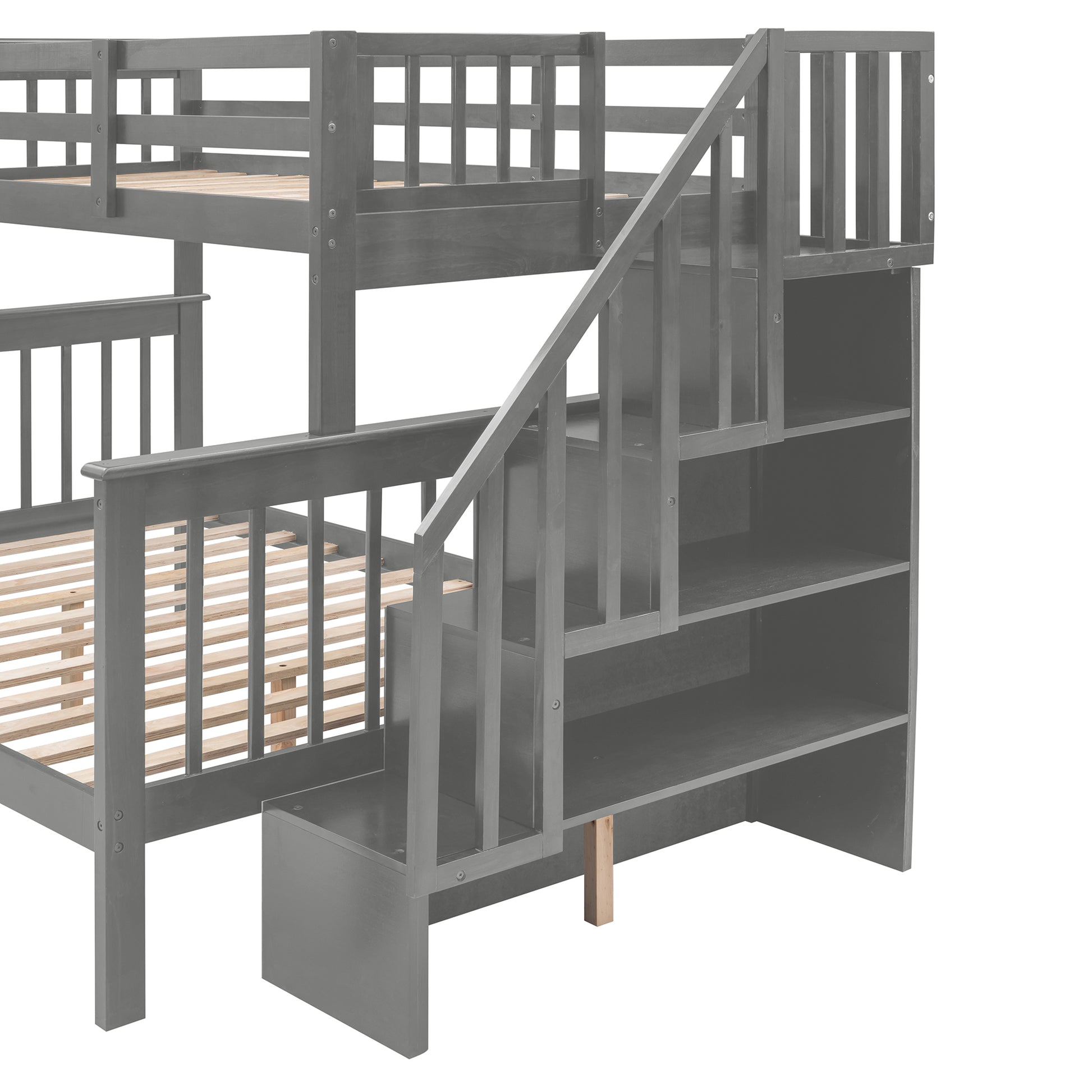 Stairway Twin Over Full Bunk Bed With Drawer, Storage And Guard Rail For Bedroom, Dorm, For Adults, Gray Color Old Sku: Lp000219Aae Gray Solid Wood