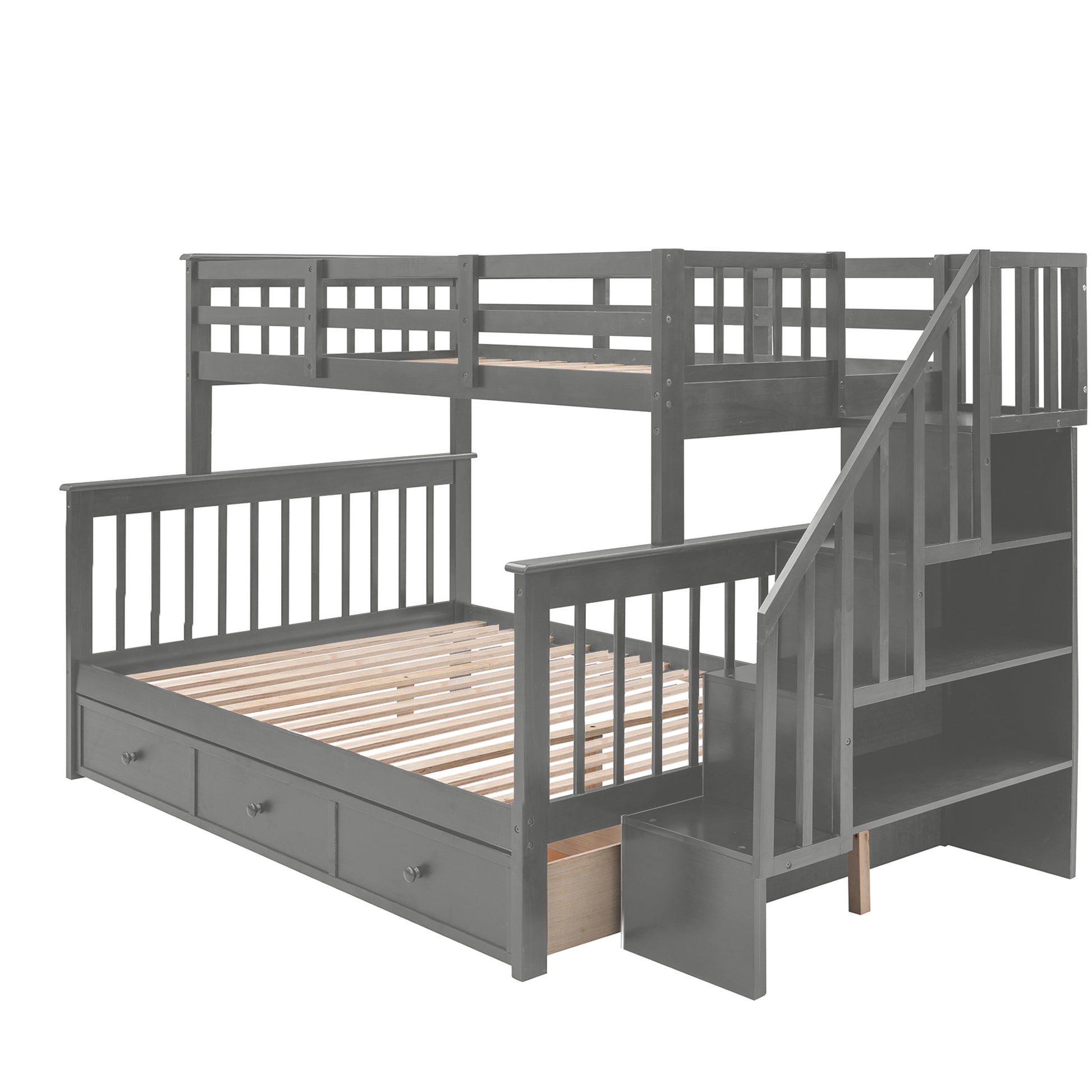 Stairway Twin Over Full Bunk Bed With Drawer, Storage And Guard Rail For Bedroom, Dorm, For Adults, Gray Color Old Sku: Lp000219Aae Gray Solid Wood