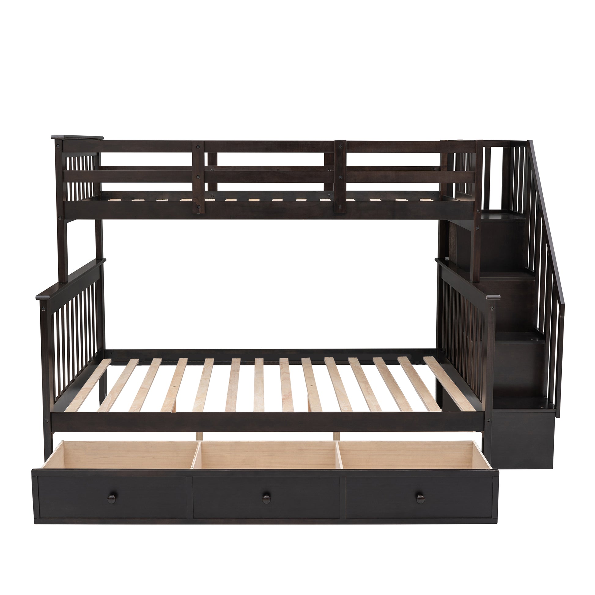 Stairway Twin Over Full Bunk Bed With Drawer, Storage And Guard Rail For Bedroom, Dorm, For Adults, Espresso Color Old Sku: Lp000219Aap Espresso Solid Wood