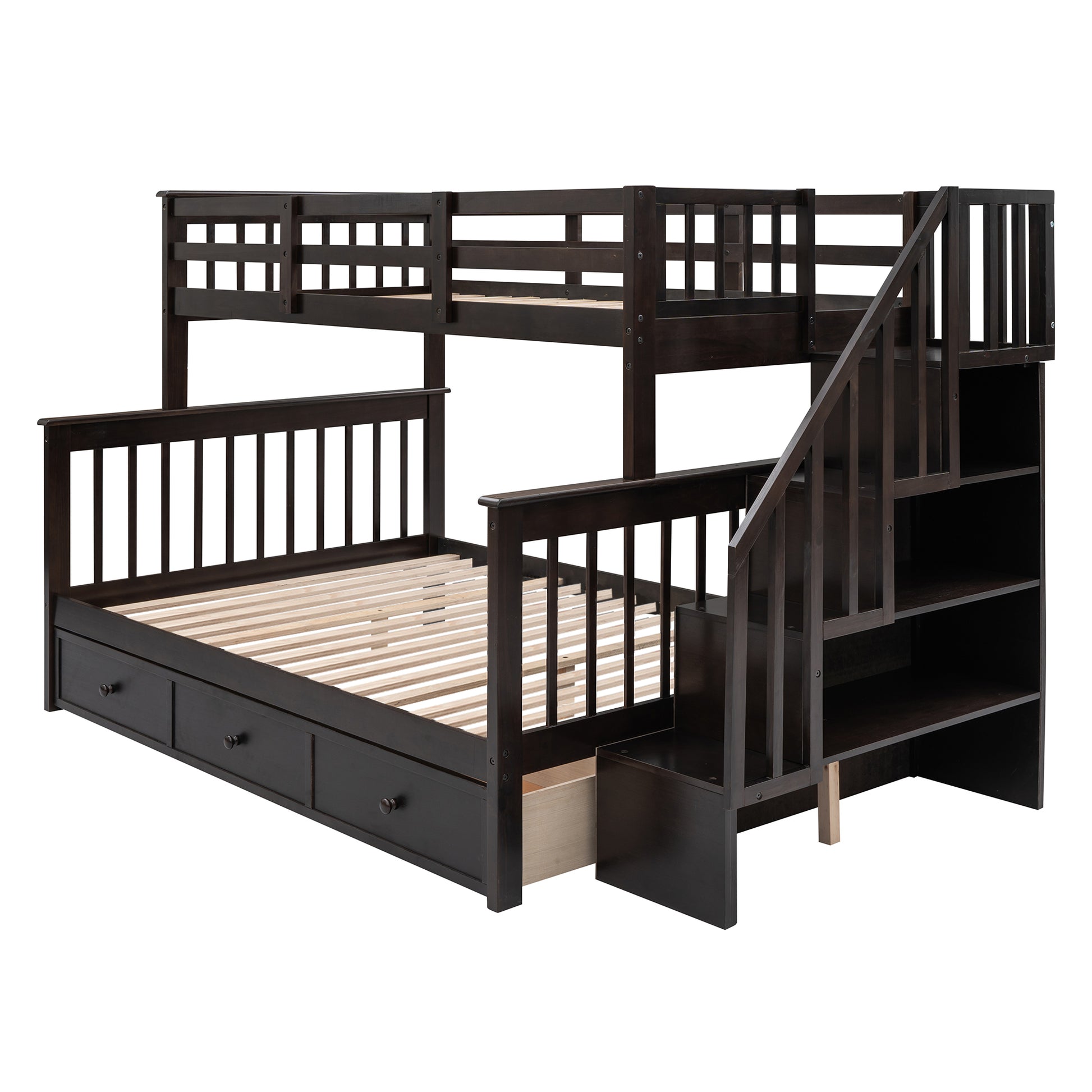 Stairway Twin Over Full Bunk Bed With Drawer, Storage And Guard Rail For Bedroom, Dorm, For Adults, Espresso Color Old Sku: Lp000219Aap Espresso Solid Wood