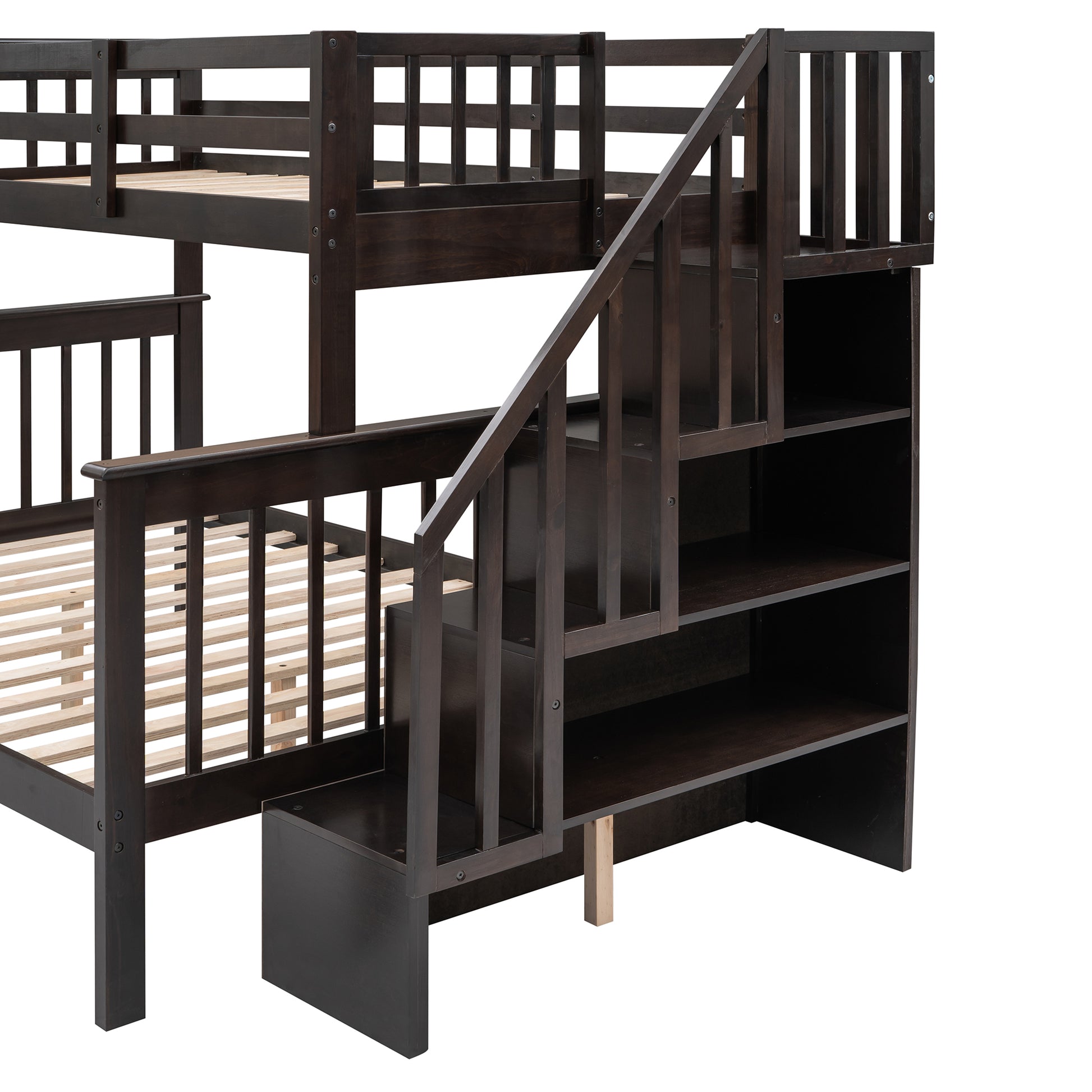 Stairway Twin Over Full Bunk Bed With Drawer, Storage And Guard Rail For Bedroom, Dorm, For Adults, Espresso Color Old Sku: Lp000219Aap Espresso Solid Wood