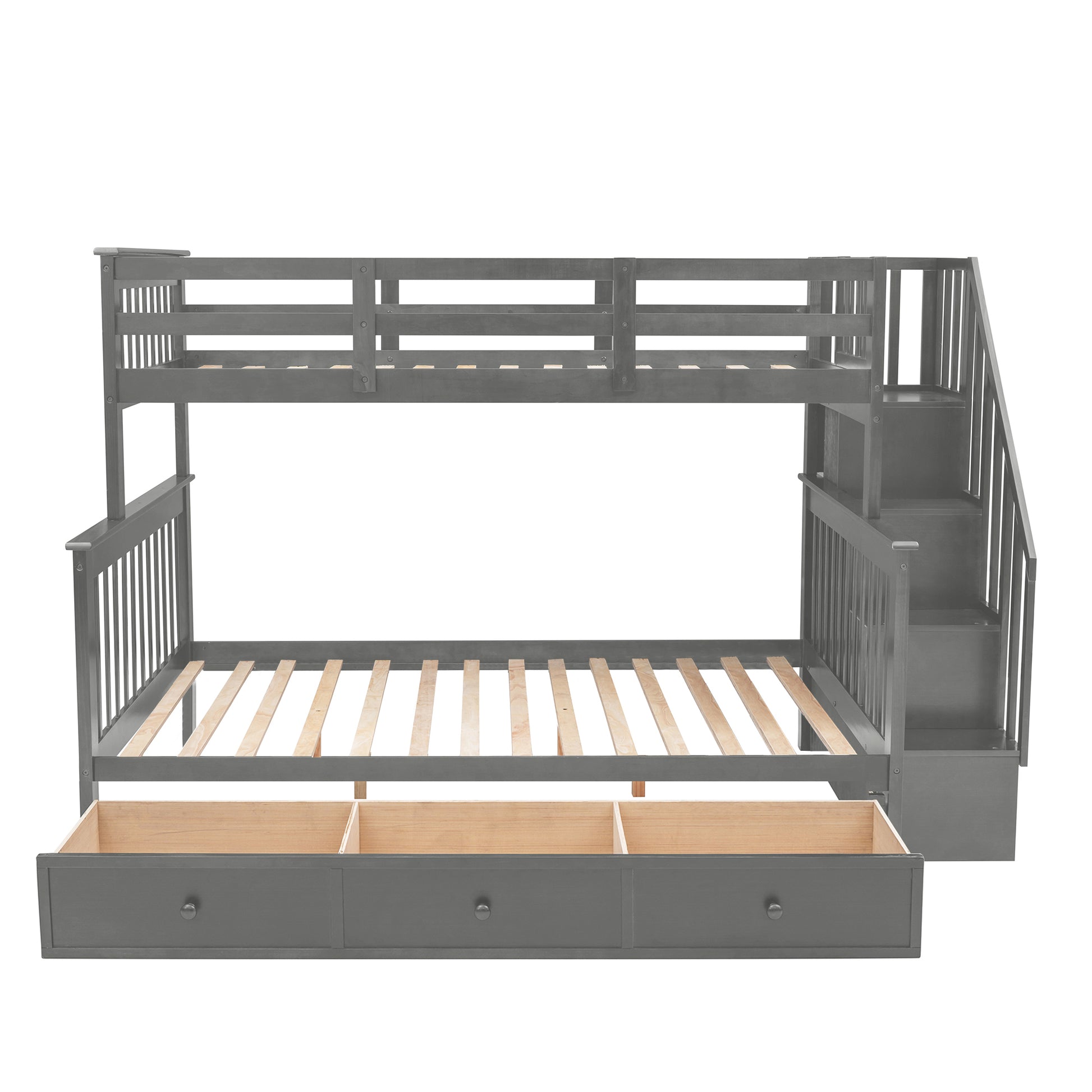 Stairway Twin Over Full Bunk Bed With Drawer, Storage And Guard Rail For Bedroom, Dorm, For Adults, Gray Color Old Sku: Lp000219Aae Gray Solid Wood