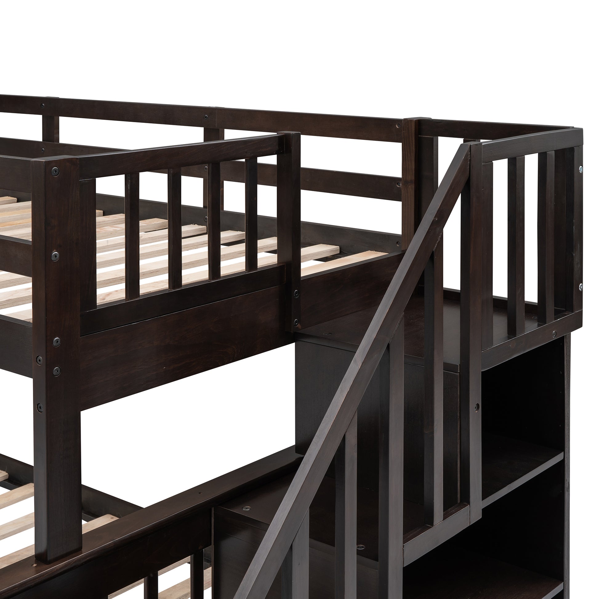 Stairway Twin Over Full Bunk Bed With Drawer, Storage And Guard Rail For Bedroom, Dorm, For Adults, Espresso Color Old Sku: Lp000219Aap Espresso Solid Wood