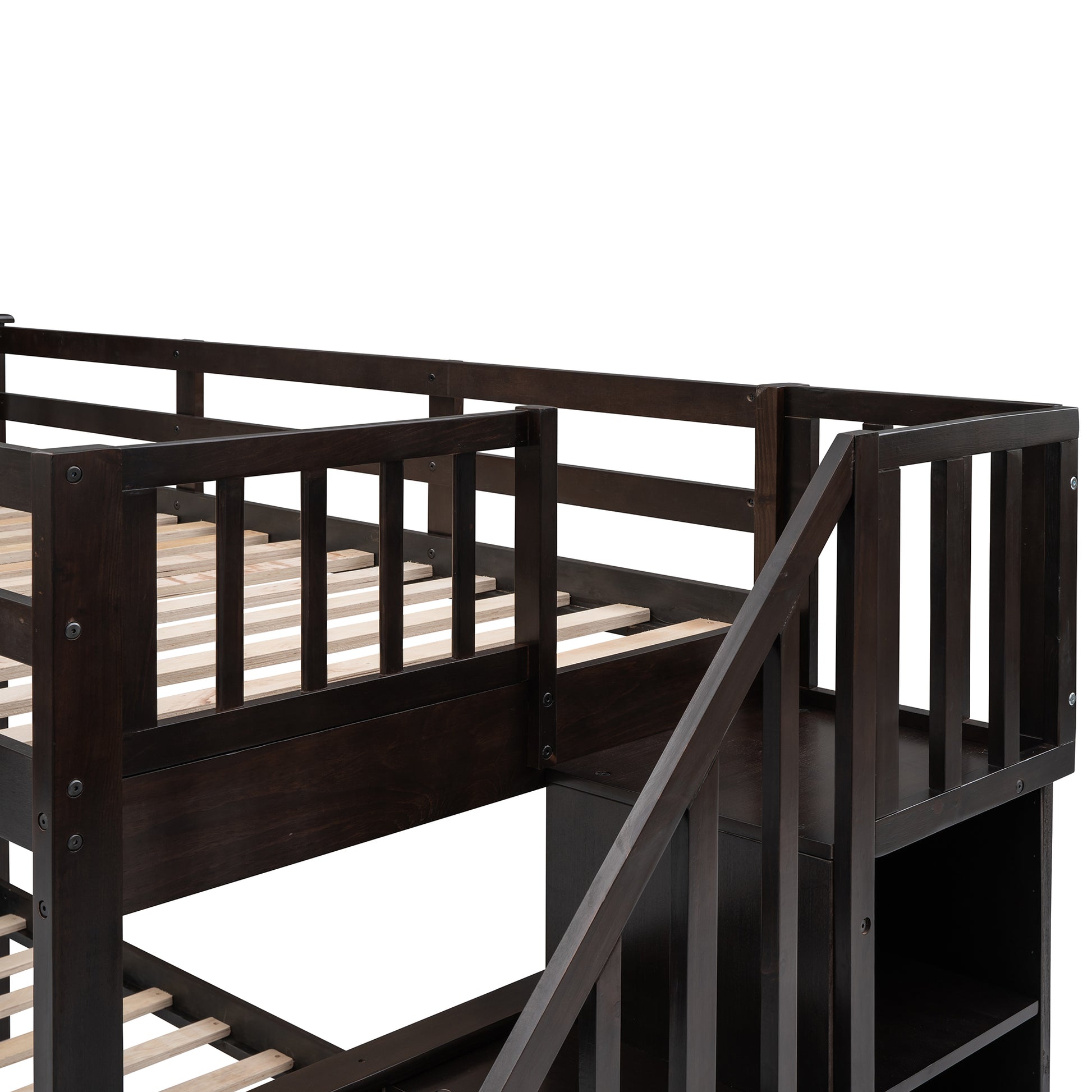 Stairway Twin Over Full Bunk Bed With Drawer, Storage And Guard Rail For Bedroom, Dorm, For Adults, Espresso Color Old Sku: Lp000219Aap Espresso Solid Wood