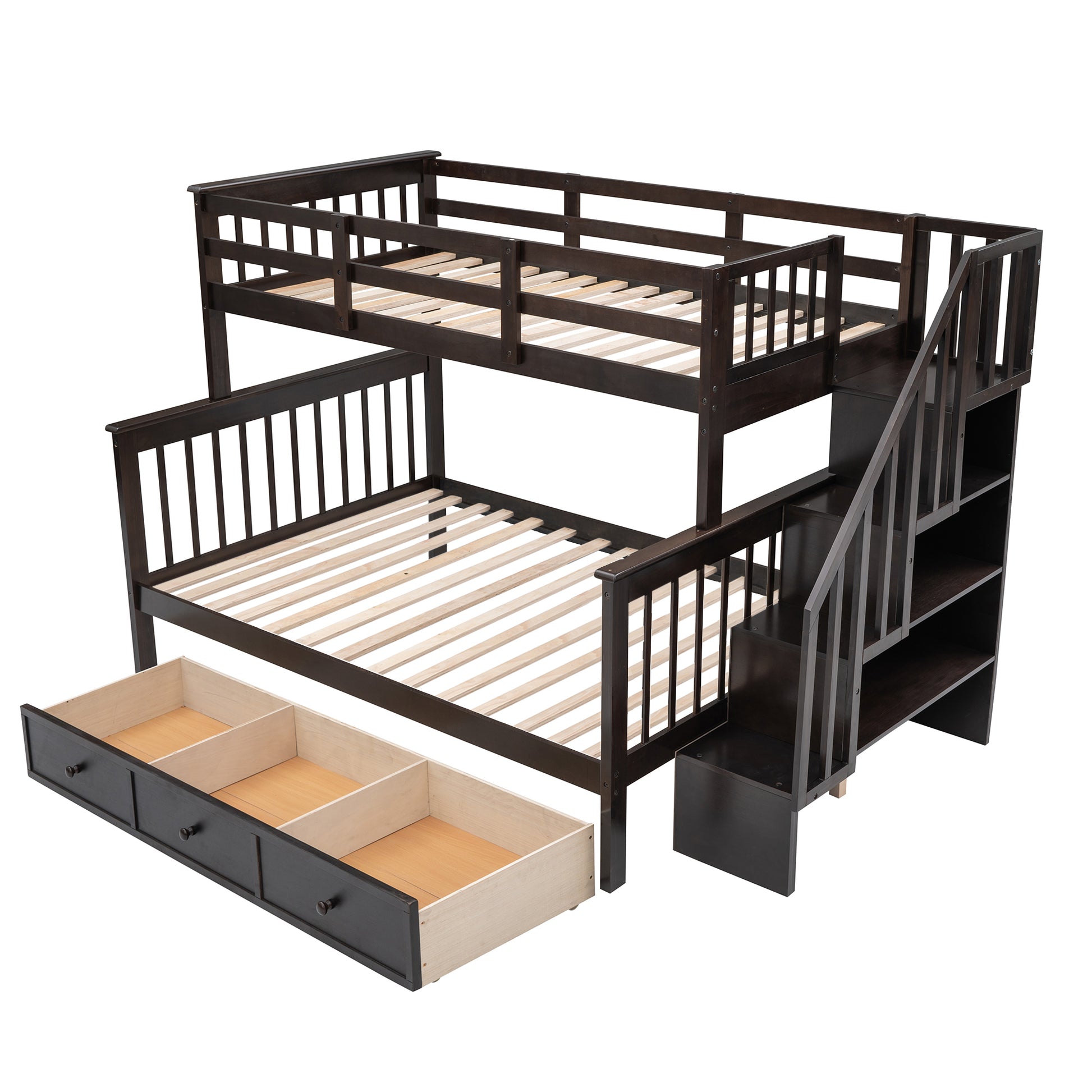 Stairway Twin Over Full Bunk Bed With Drawer, Storage And Guard Rail For Bedroom, Dorm, For Adults, Espresso Color Old Sku: Lp000219Aap Espresso Solid Wood