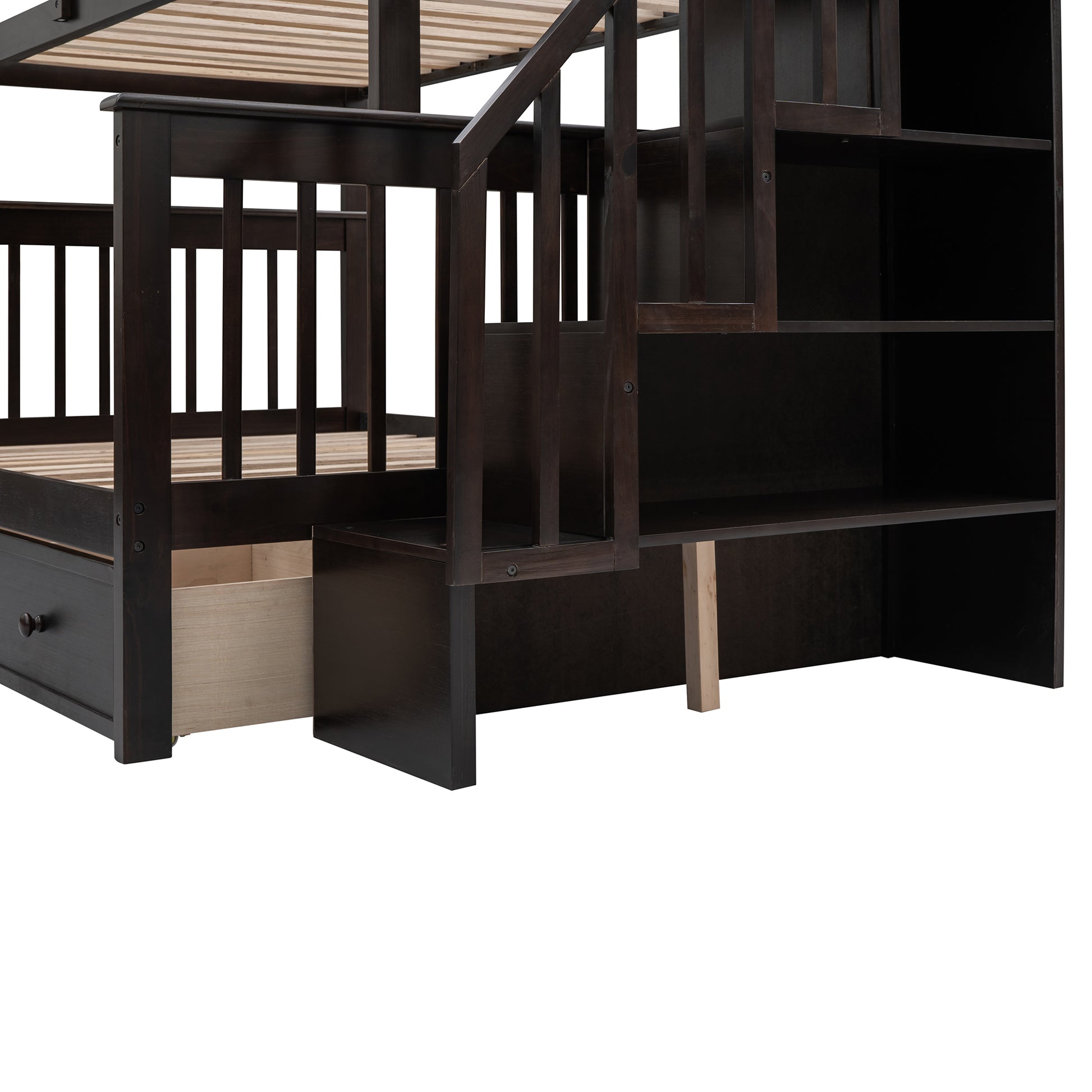 Stairway Twin Over Full Bunk Bed With Drawer, Storage And Guard Rail For Bedroom, Dorm, For Adults, Espresso Color Old Sku: Lp000219Aap Espresso Solid Wood