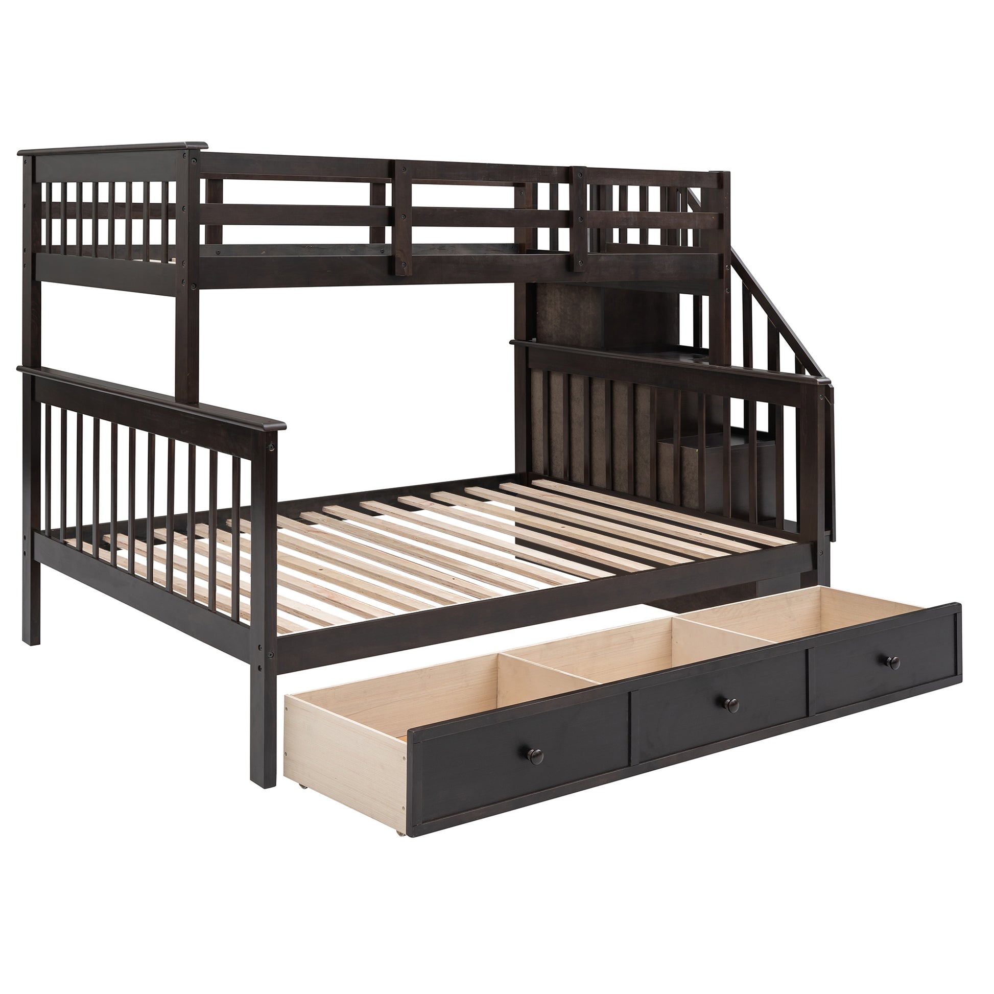 Stairway Twin Over Full Bunk Bed With Drawer, Storage And Guard Rail For Bedroom, Dorm, For Adults, Espresso Color Old Sku: Lp000219Aap Espresso Solid Wood