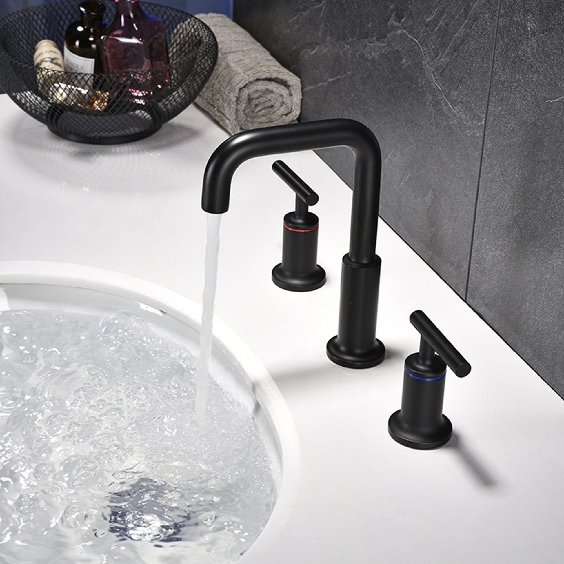 Matt Black Widespread Bathroom Sink Faucet With With Cupc Water Supply Hose And Cartridge Matte Black Brass