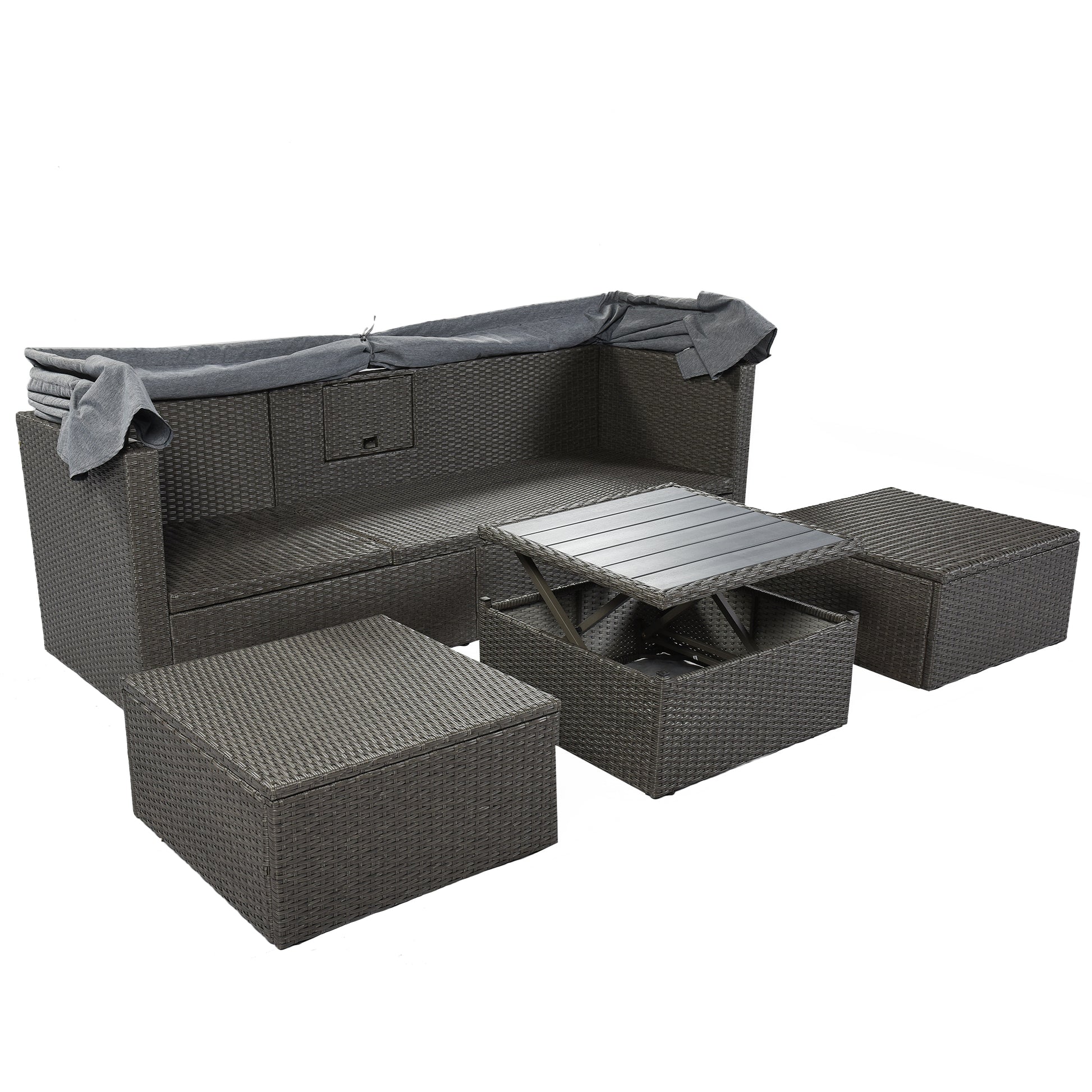 Outdoor Patio Rectangle Daybed With Retractable Canopy, Wicker Furniture Sectional Seating With Washable Cushions, Backyard, Porch As Same As Wy000263Aae Gray Rattan