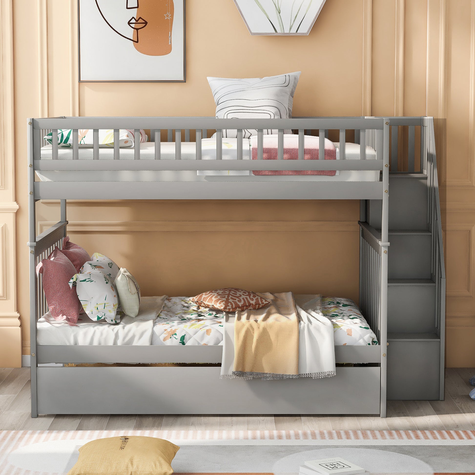 Full Over Full Bunk Bed With Trundle And Staircase,Gray Full Gray Pine