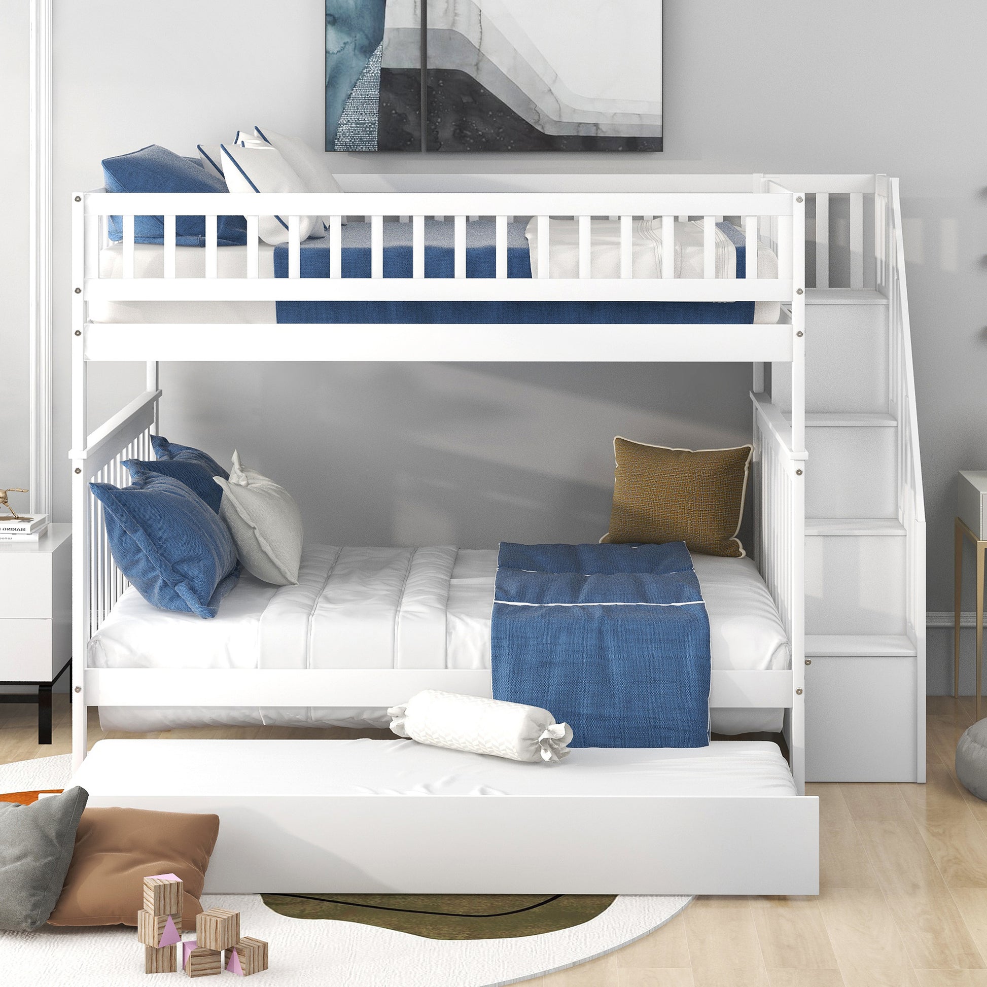 Full Over Full Bunk Bed With Trundle And Staircase,White Full White Pine