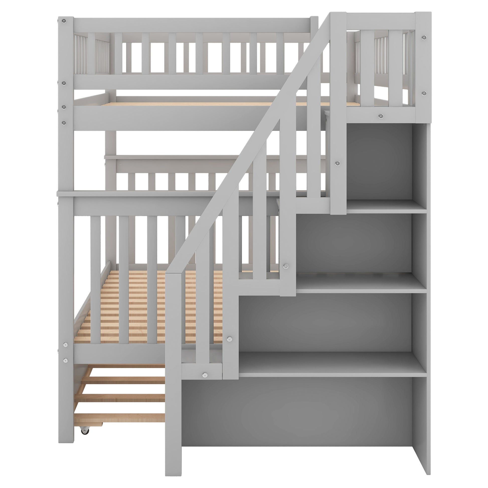 Full Over Full Bunk Bed With Trundle And Staircase,Gray Full Gray Pine