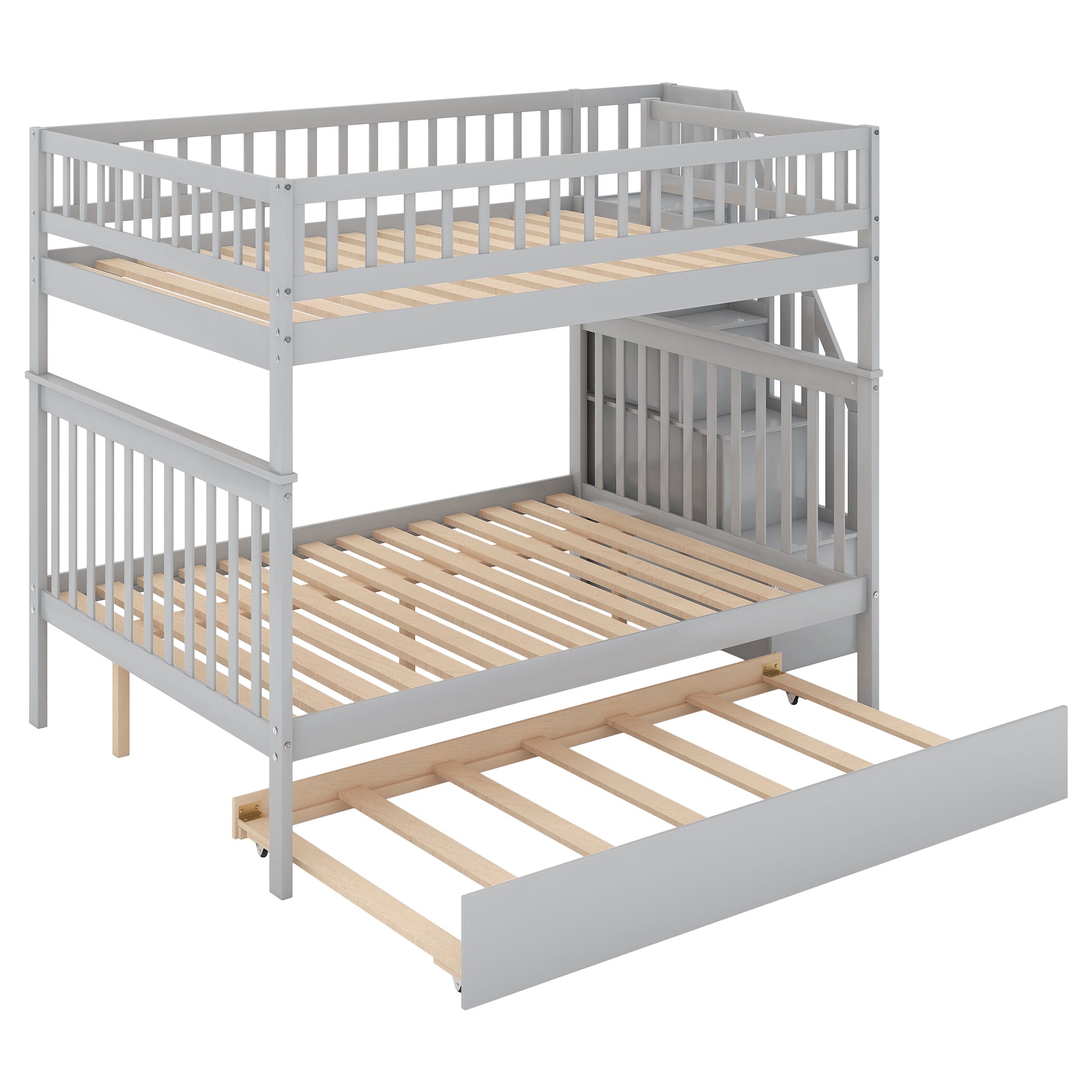 Full Over Full Bunk Bed With Trundle And Staircase,Gray Full Gray Pine