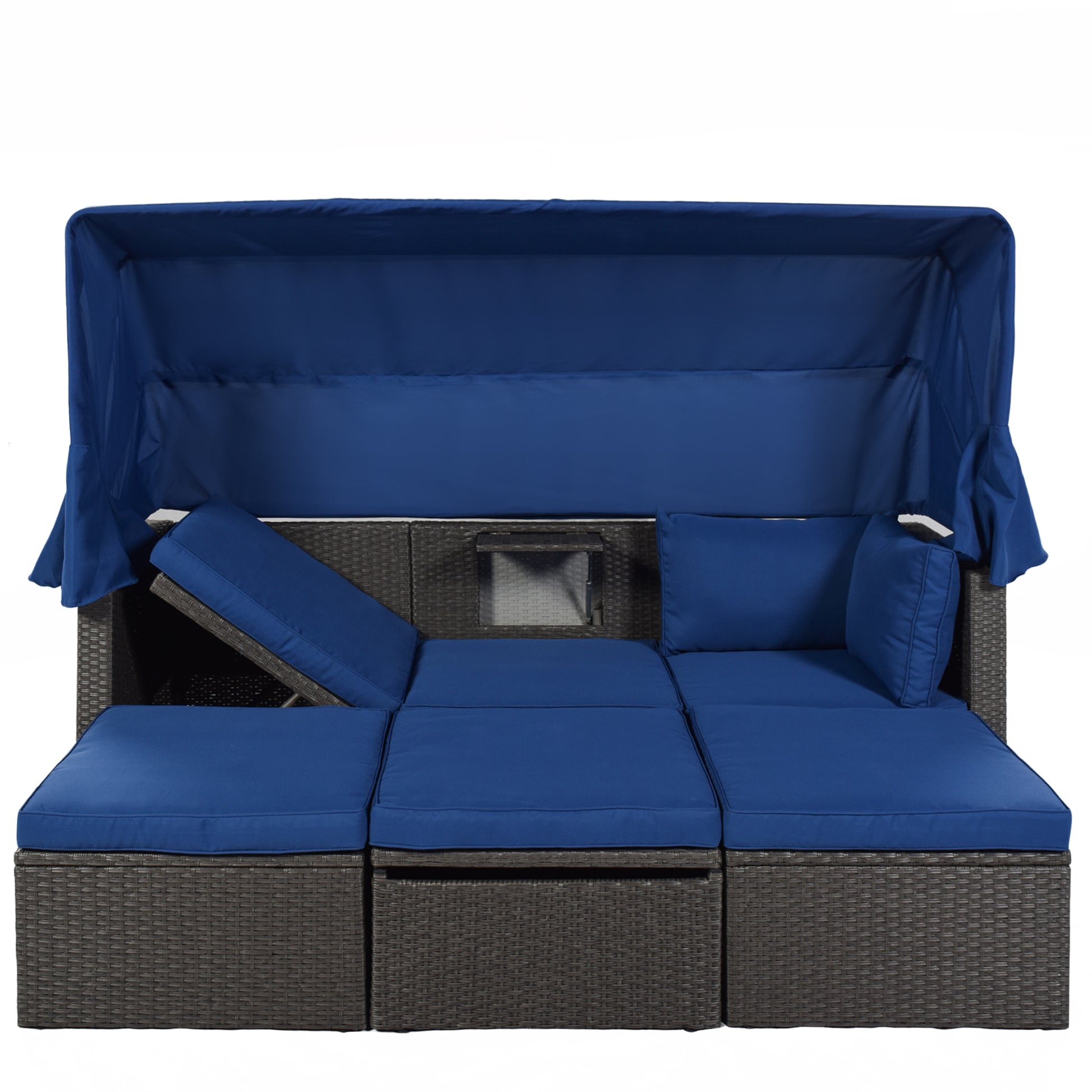 Outdoor Patio Rectangle Daybed With Retractable Canopy, Wicker Furniture Sectional Seating With Washable Cushions, Backyard, Porch As Same As Wy000263Aae Blue Rattan