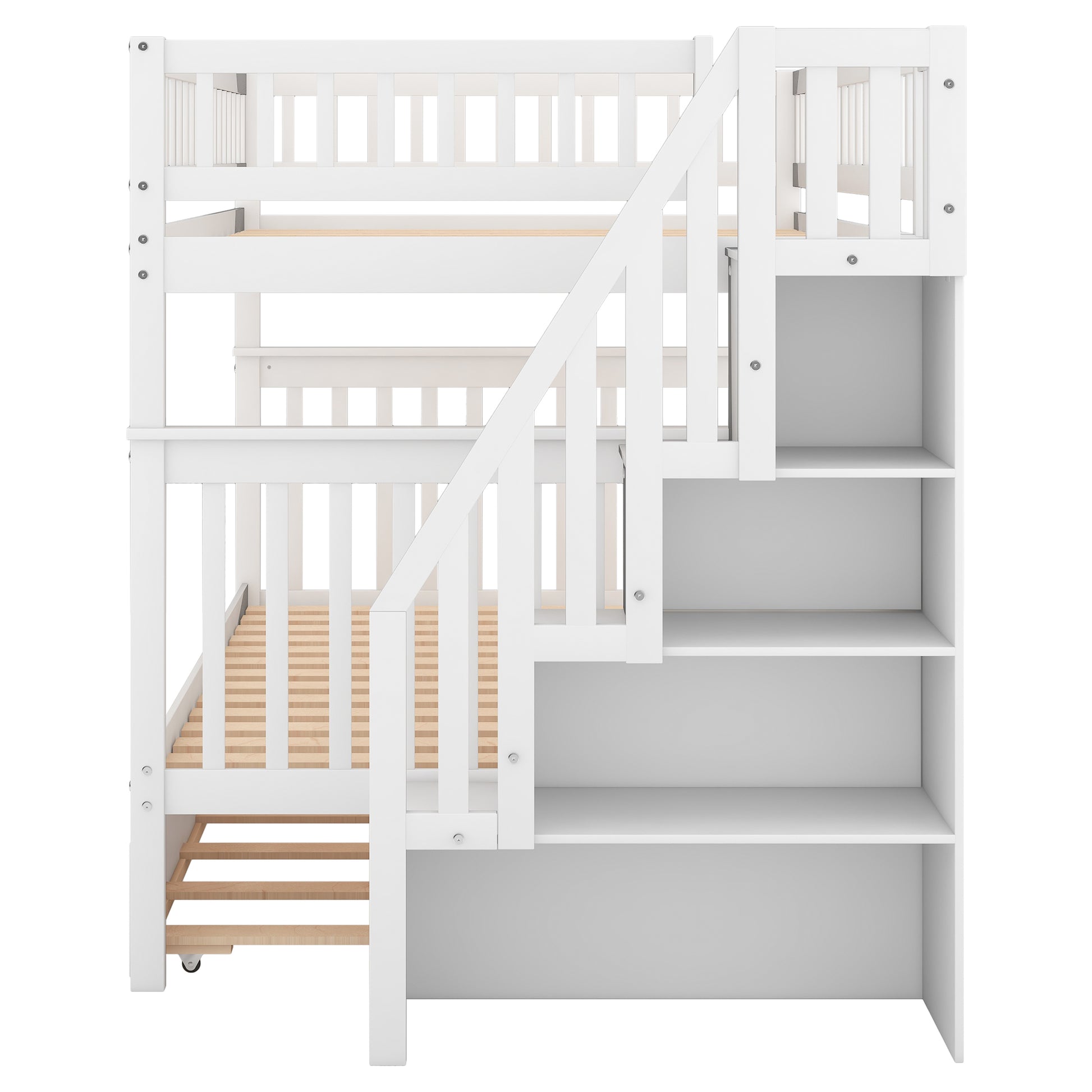 Full Over Full Bunk Bed With Trundle And Staircase,White Full White Pine