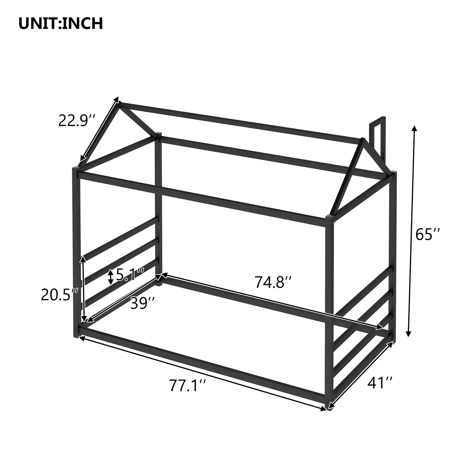 House Platform Bed With Roof And Chimney Design,Black Black Metal