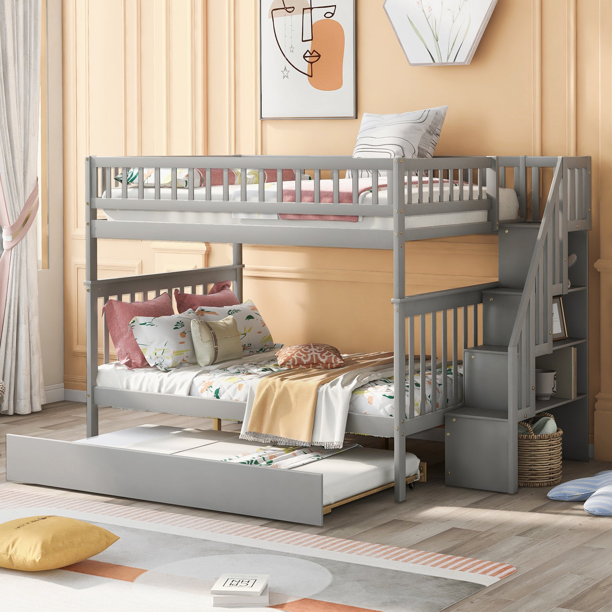 Full Over Full Bunk Bed With Trundle And Staircase,Gray Full Gray Pine