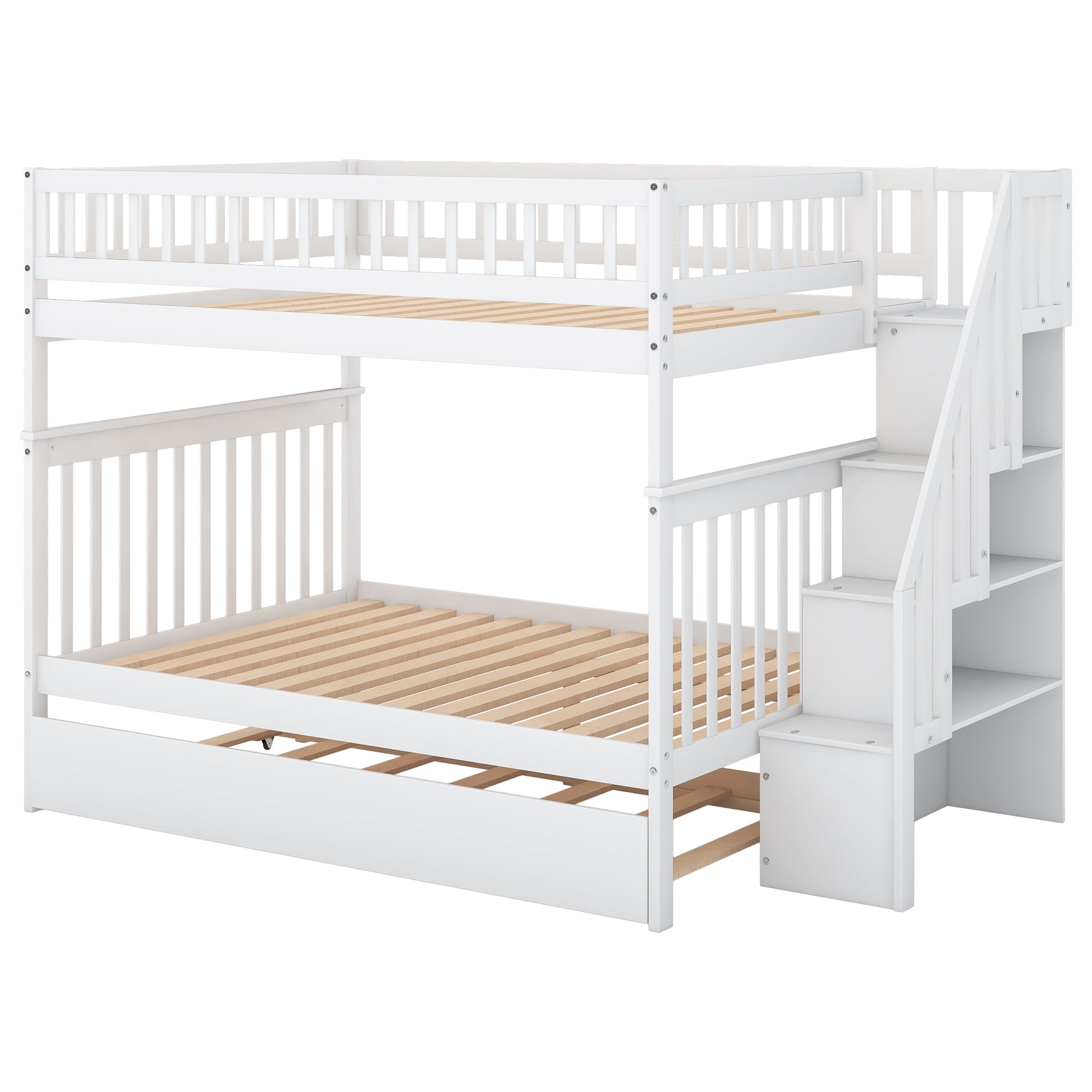 Full Over Full Bunk Bed With Trundle And Staircase,White Full White Pine