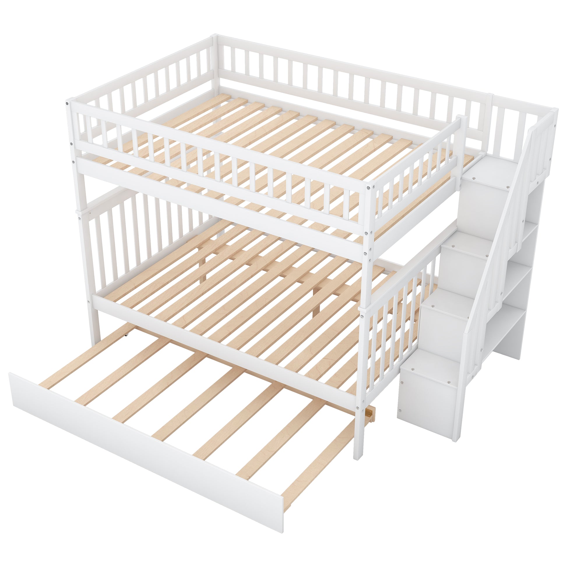 Full Over Full Bunk Bed With Trundle And Staircase,White White Pine