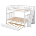 Full Over Full Bunk Bed With Trundle And Staircase,White Full White Pine