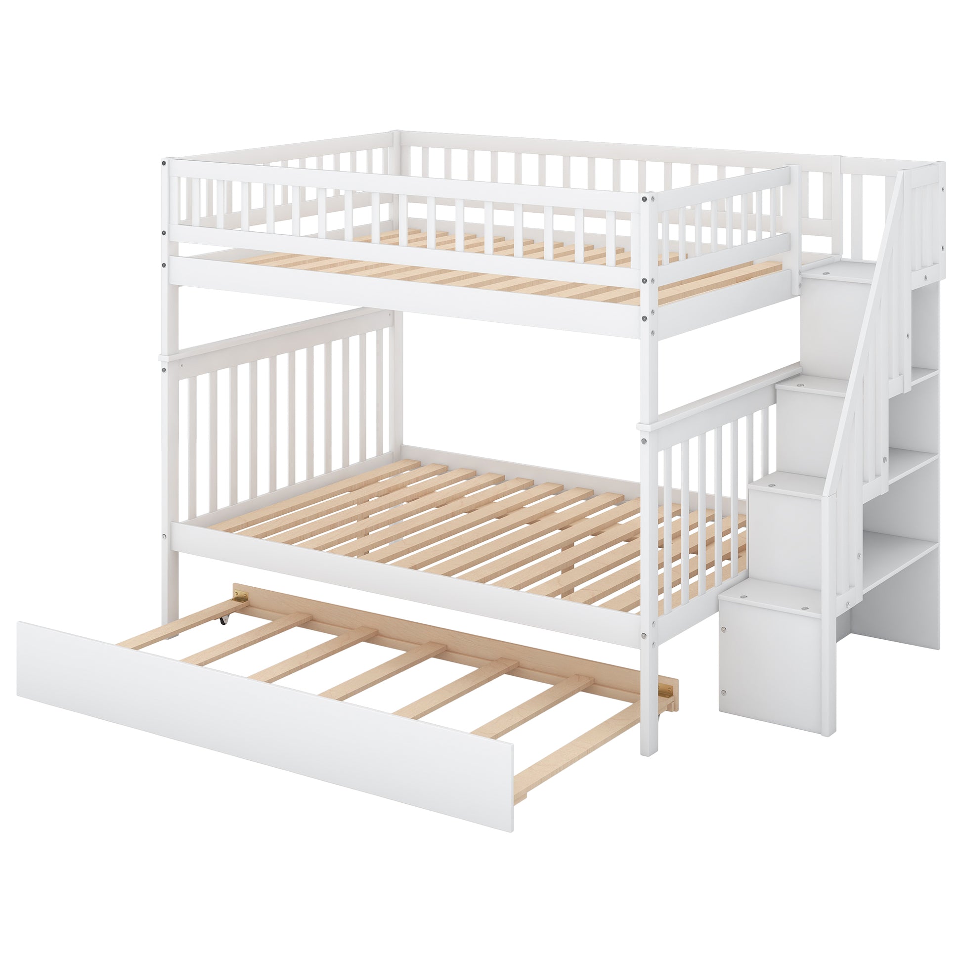 Full Over Full Bunk Bed With Trundle And Staircase,White White Pine