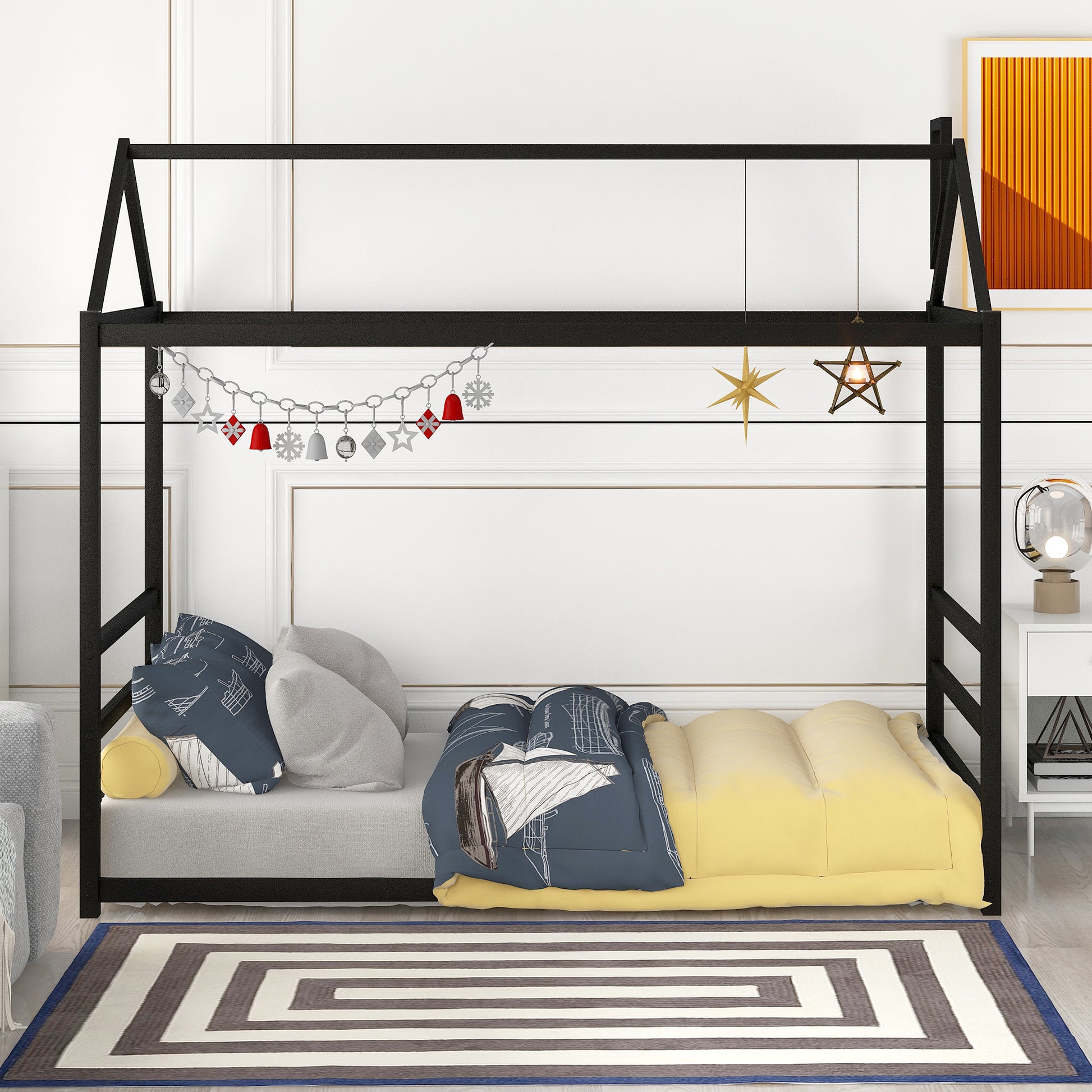House Platform Bed With Roof And Chimney Design,Black Black Metal