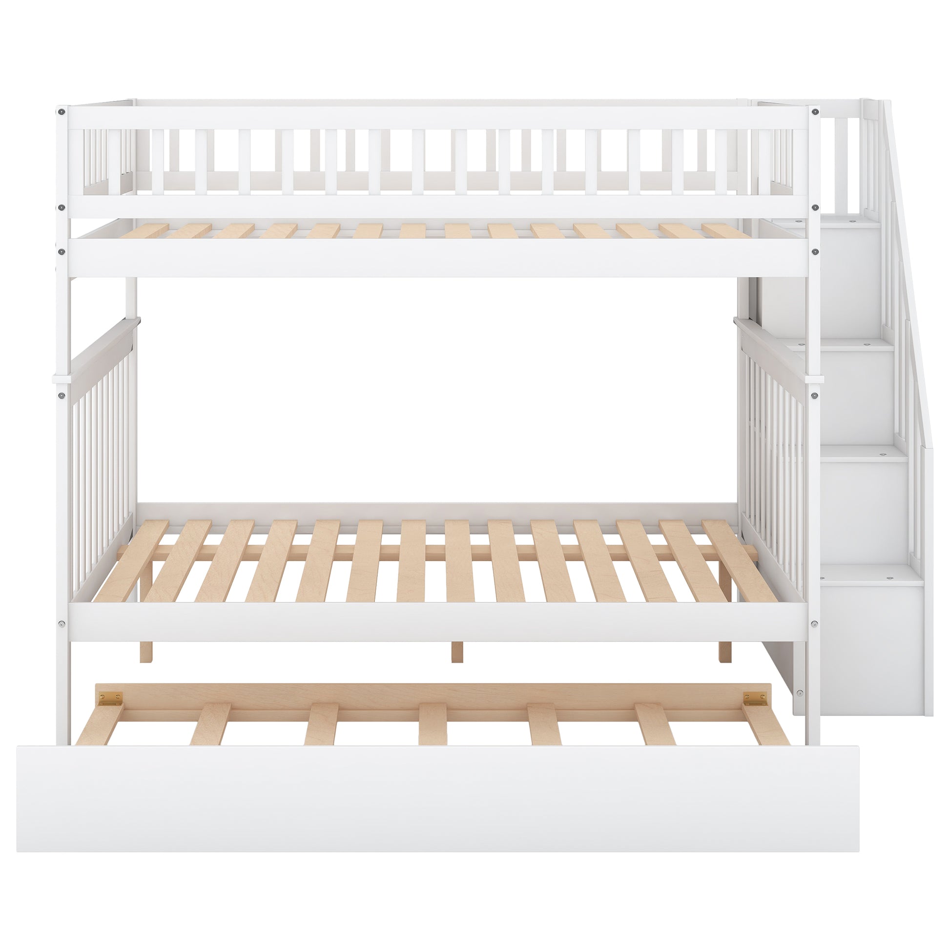 Full Over Full Bunk Bed With Trundle And Staircase,White White Pine