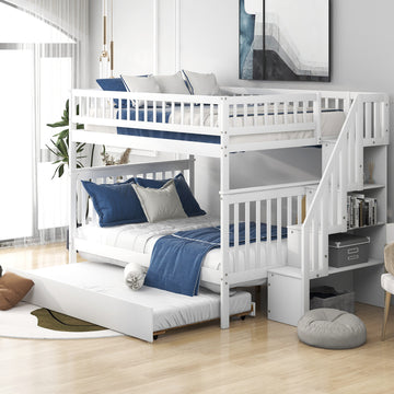 Full Over Full Bunk Bed With Trundle And Staircase,White Full White Pine