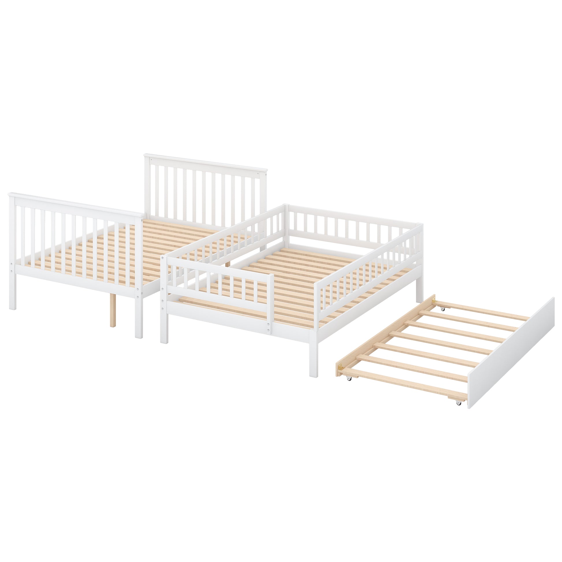 Full Over Full Bunk Bed With Trundle And Staircase,White Full White Pine