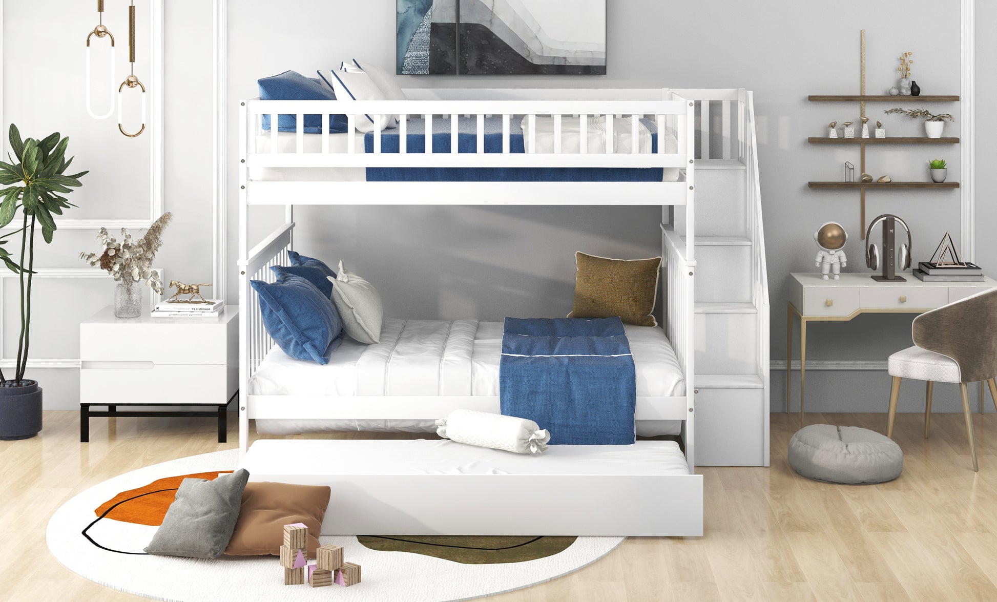 Full Over Full Bunk Bed With Trundle And Staircase,White Full White Pine