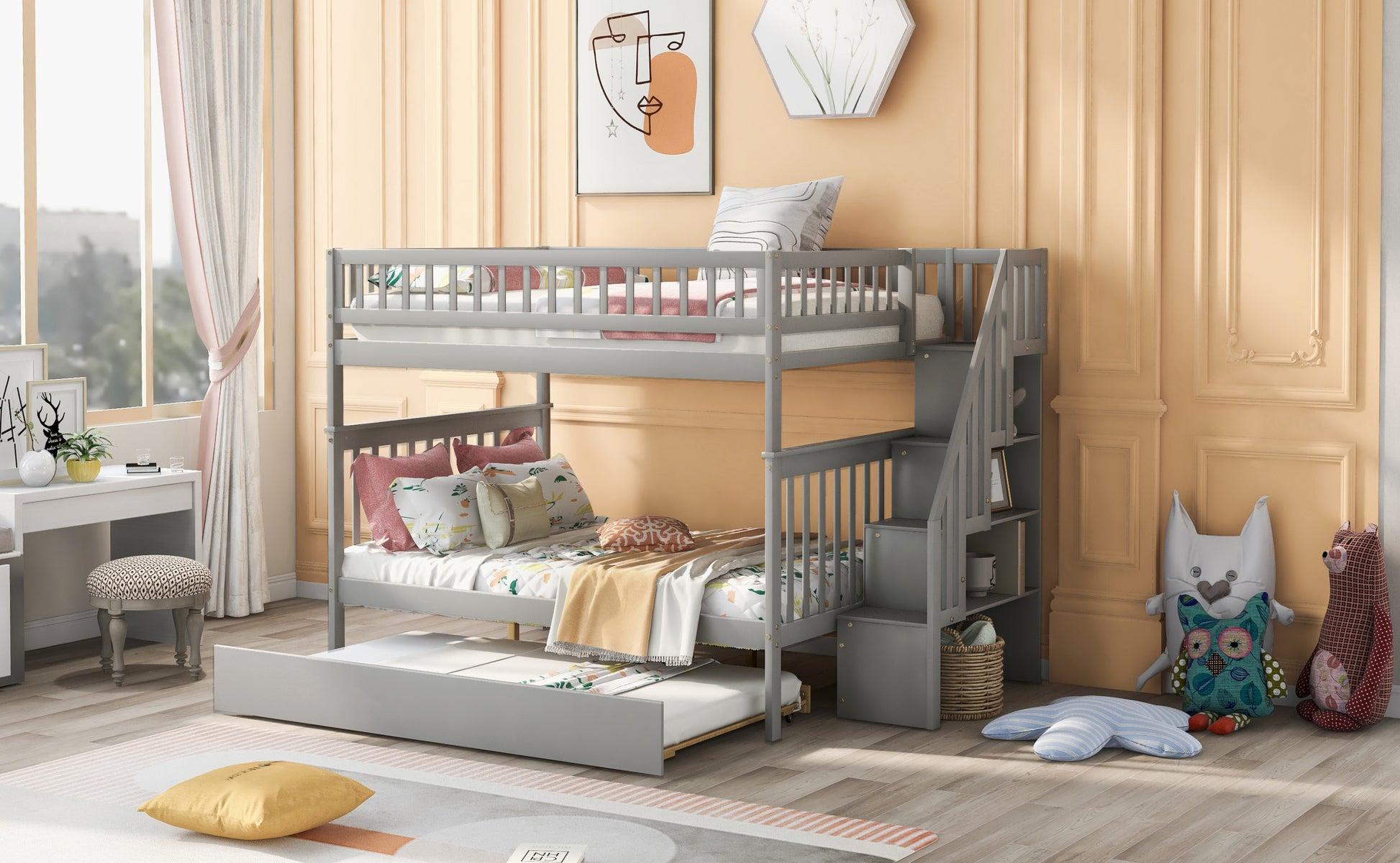 Full Over Full Bunk Bed With Trundle And Staircase,Gray Full Gray Pine