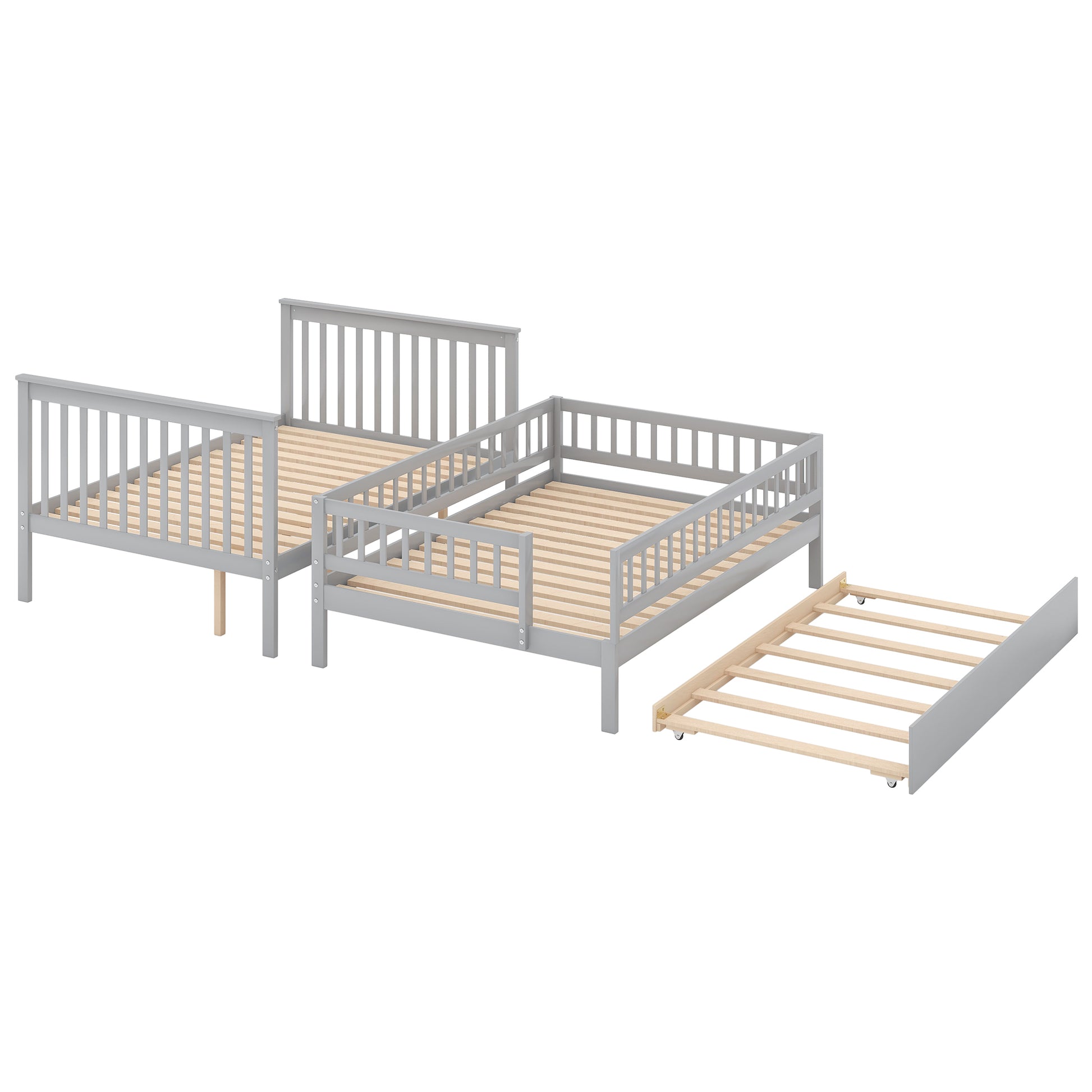 Full Over Full Bunk Bed With Trundle And Staircase,Gray Full Gray Pine