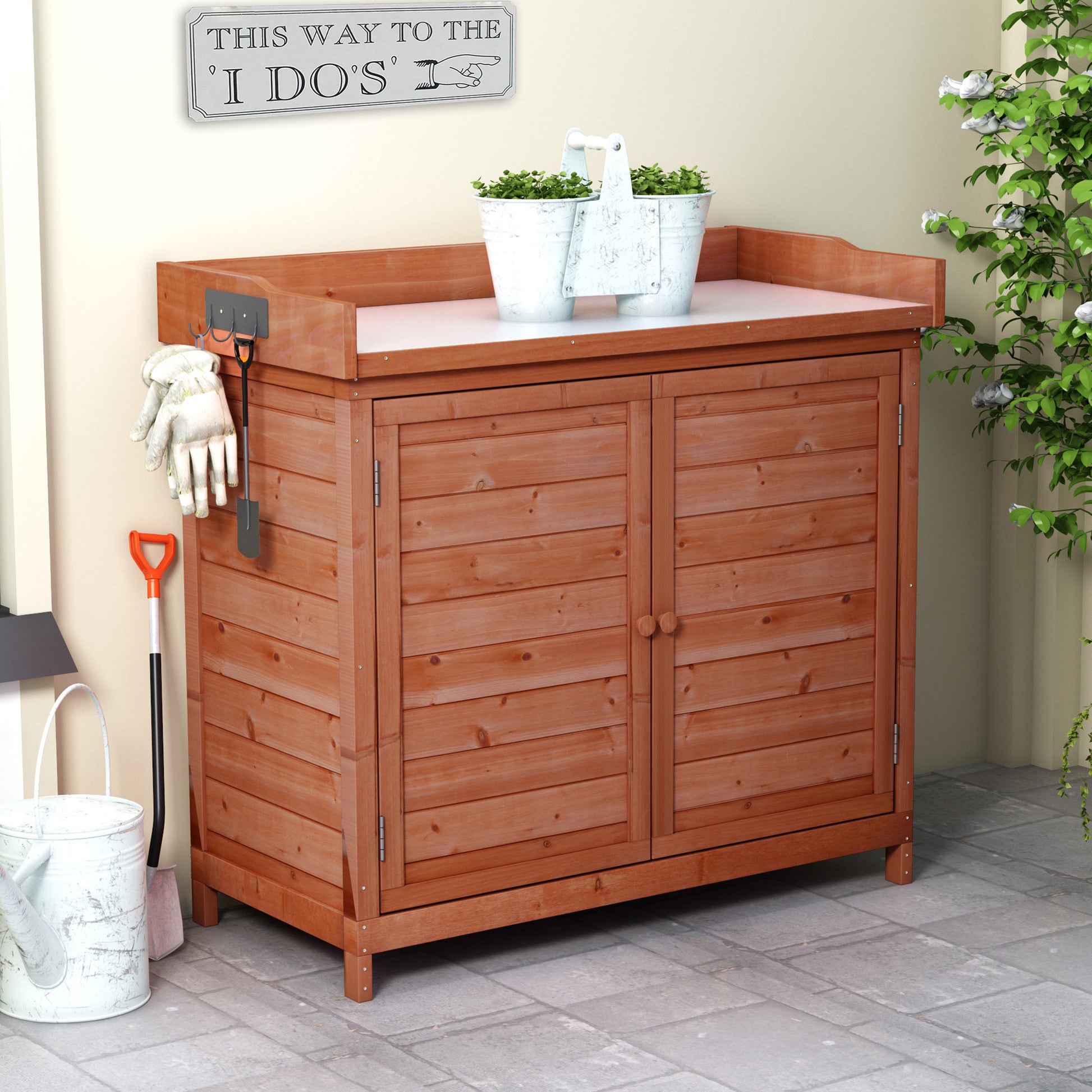 Outdoor 39" Potting Bench Table, Rustic Garden Wood Workstation Storage Cabinet Garden Shed With 2 Tier Shelves And Side Hook, Orange Orange Garden & Outdoor Casual Wood Solid Wood