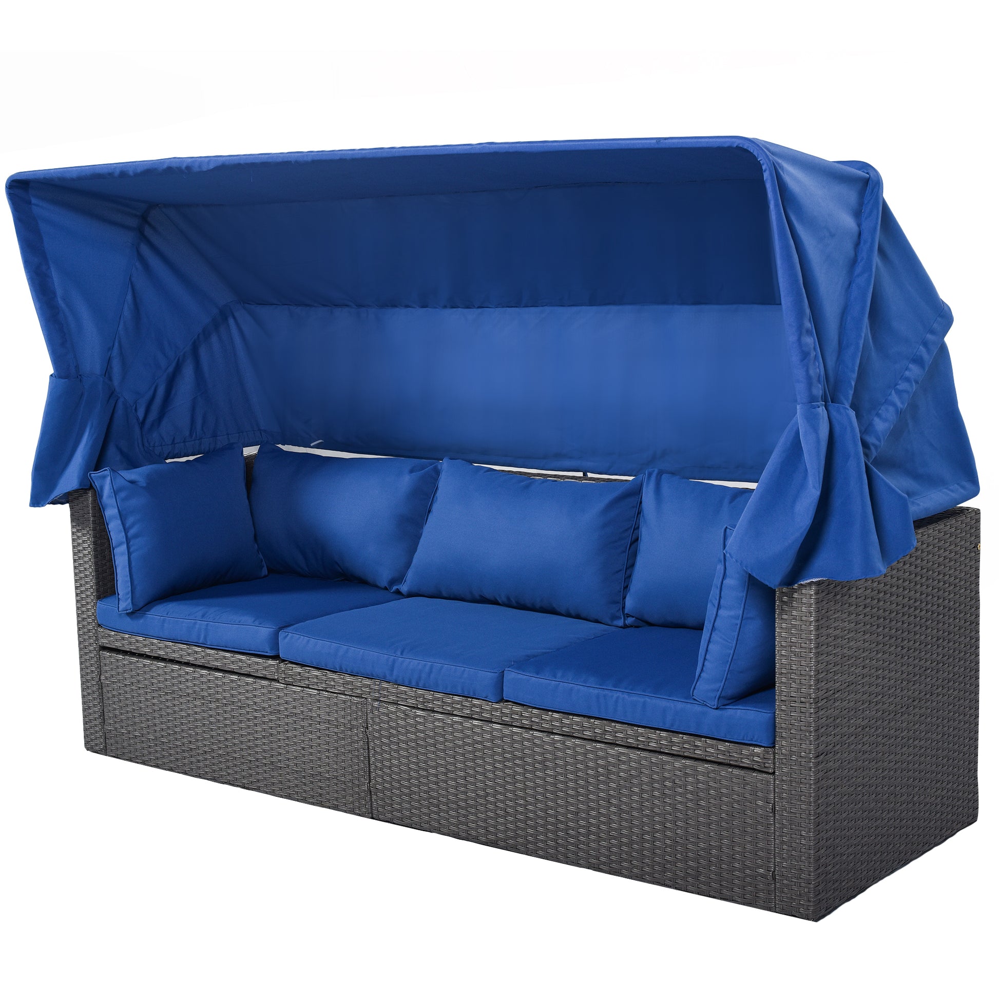 Outdoor Patio Rectangle Daybed With Retractable Canopy, Wicker Furniture Sectional Seating With Washable Cushions, Backyard, Porch As Same As Wy000263Aae Blue Rattan