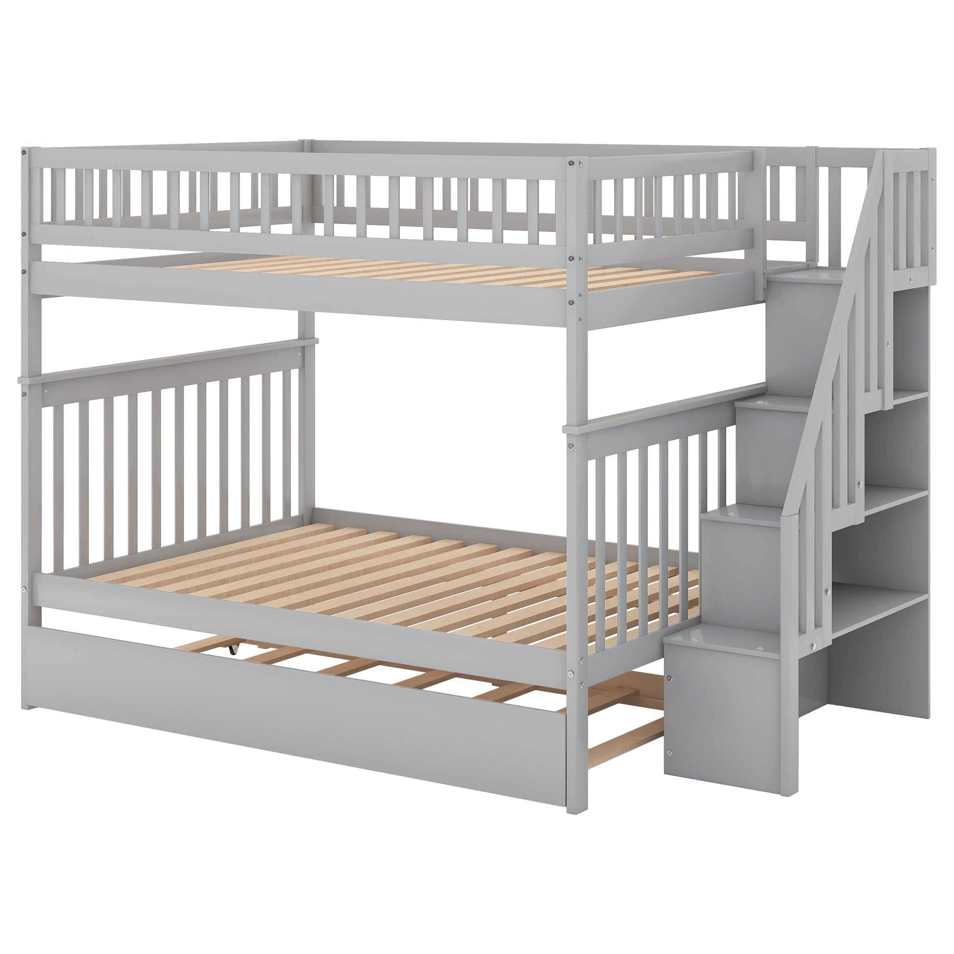 Full Over Full Bunk Bed With Trundle And Staircase,Gray Full Gray Pine