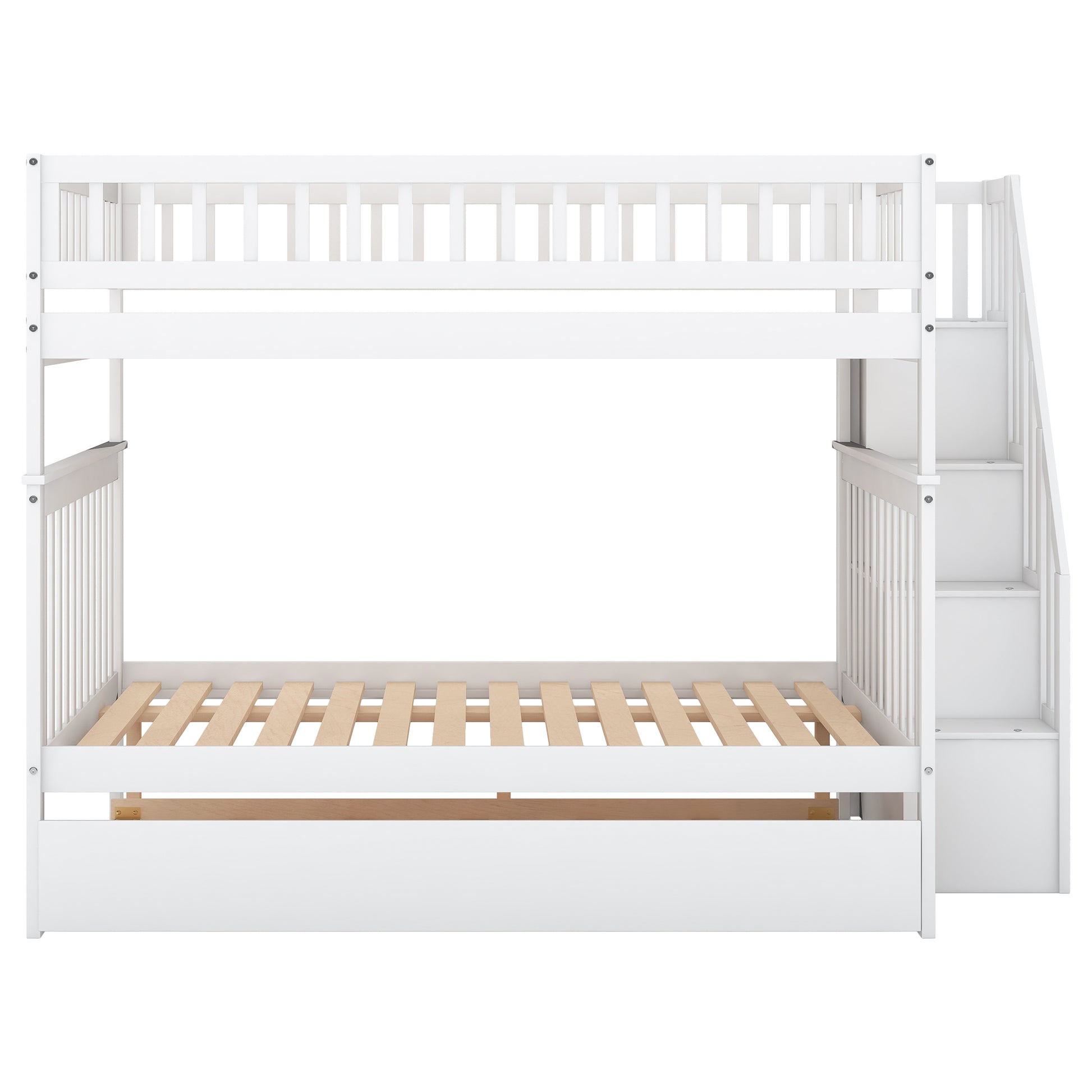 Full Over Full Bunk Bed With Trundle And Staircase,White Full White Pine