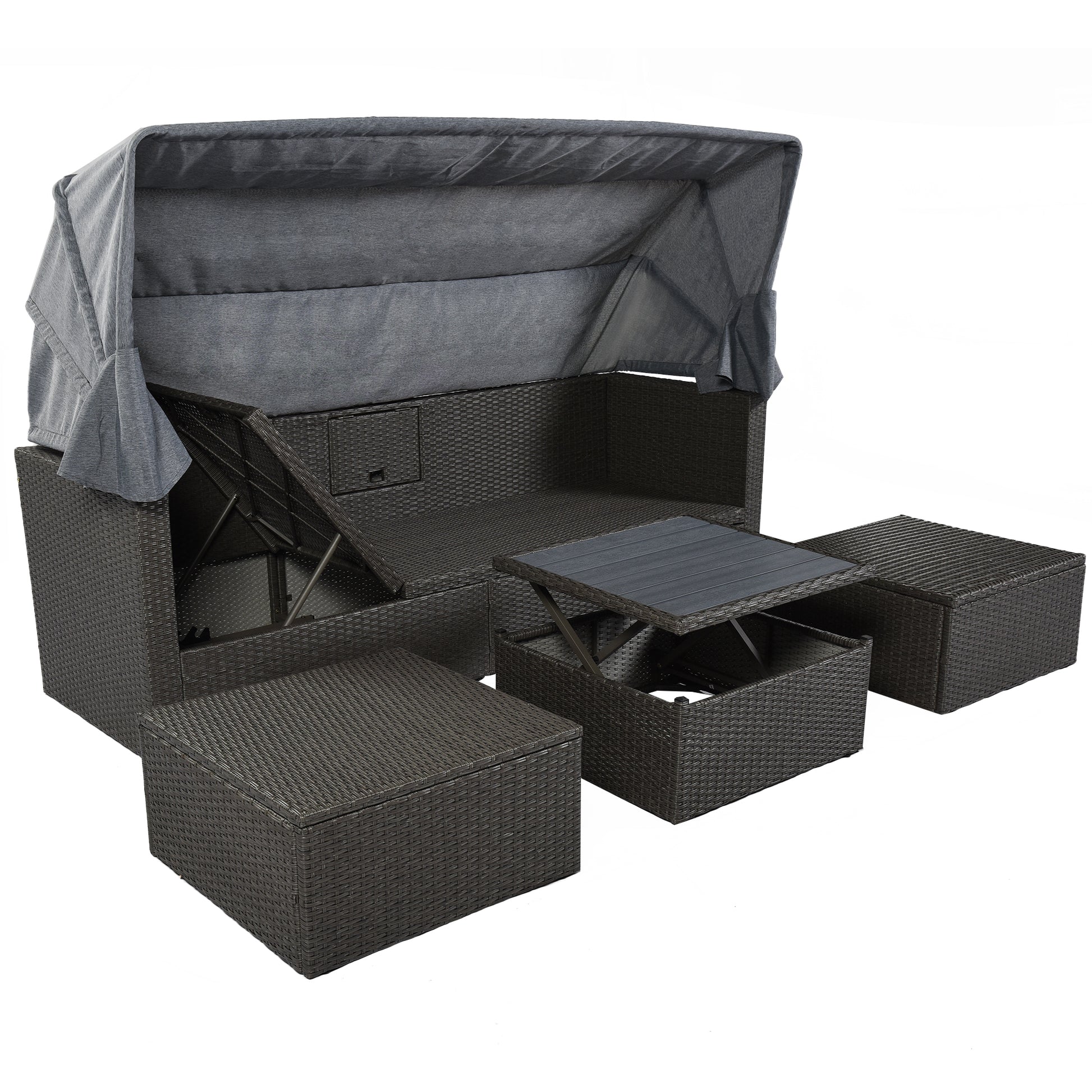 Outdoor Patio Rectangle Daybed With Retractable Canopy, Wicker Furniture Sectional Seating With Washable Cushions, Backyard, Porch As Same As Wy000263Aae Gray Rattan