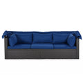 Outdoor Patio Rectangle Daybed With Retractable Canopy, Wicker Furniture Sectional Seating With Washable Cushions, Backyard, Porch As Same As Wy000263Aae Blue Rattan