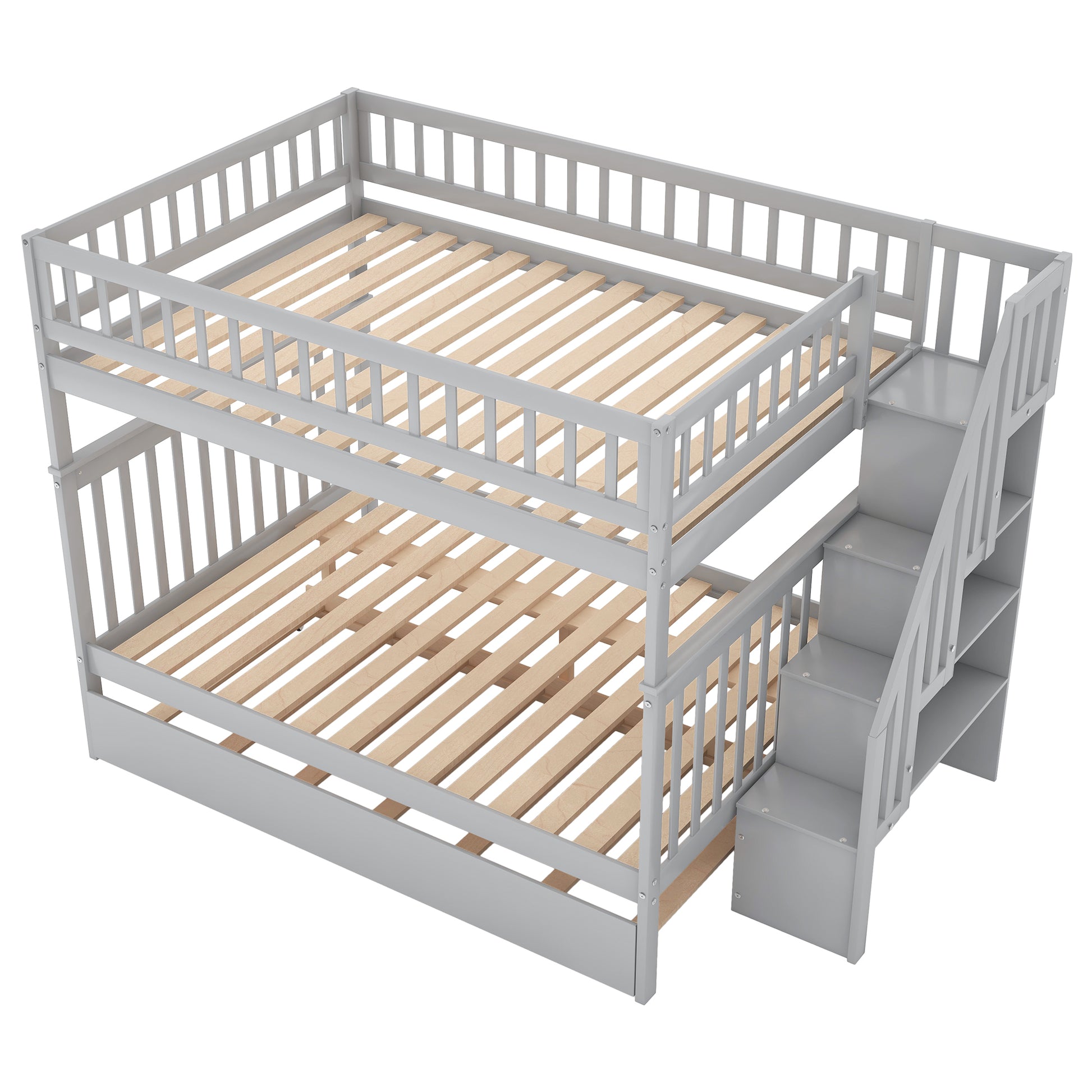 Full Over Full Bunk Bed With Trundle And Staircase,Gray Full Gray Pine