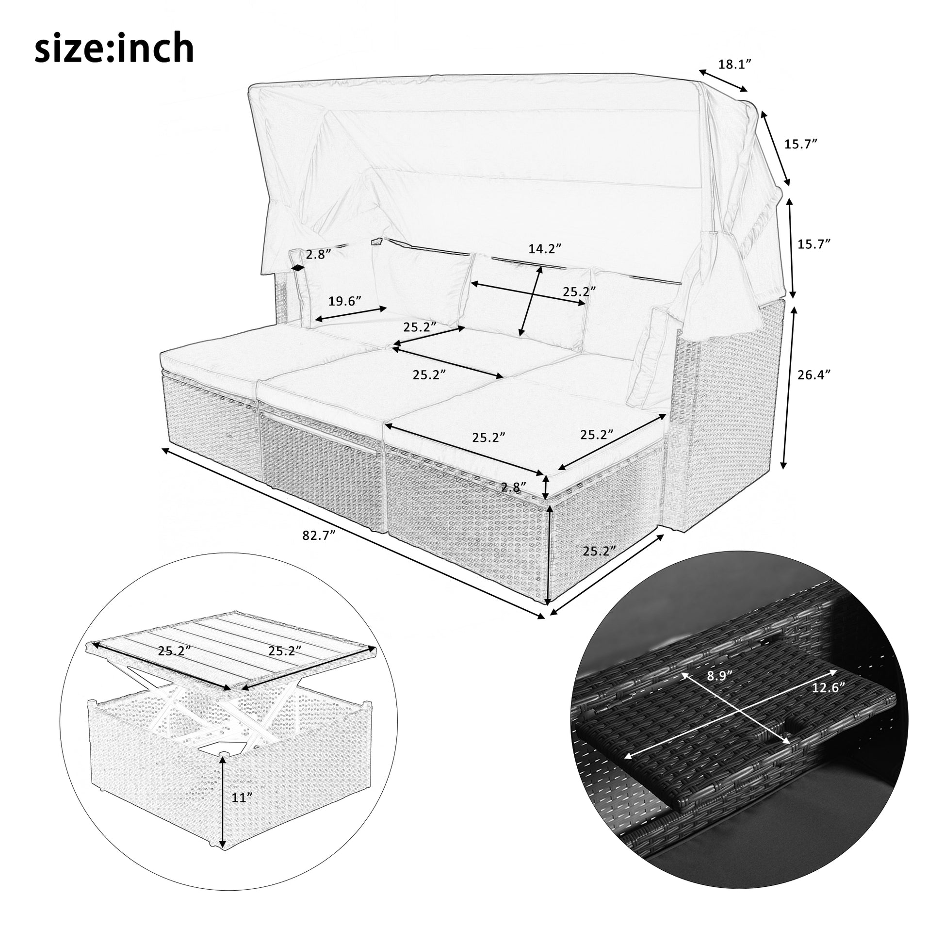 Outdoor Patio Rectangle Daybed With Retractable Canopy, Wicker Furniture Sectional Seating With Washable Cushions, Backyard, Porch As Same As Wy000263Aae Gray Rattan