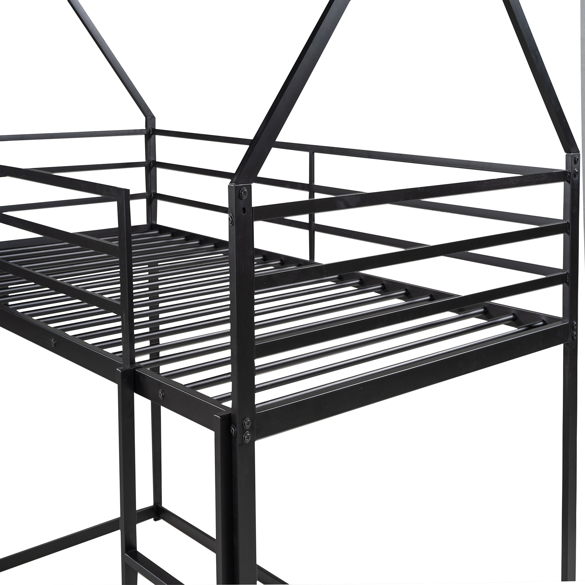 Twin Over Twin House Bunk Bed With Ladder And Slide,Black Black Metal