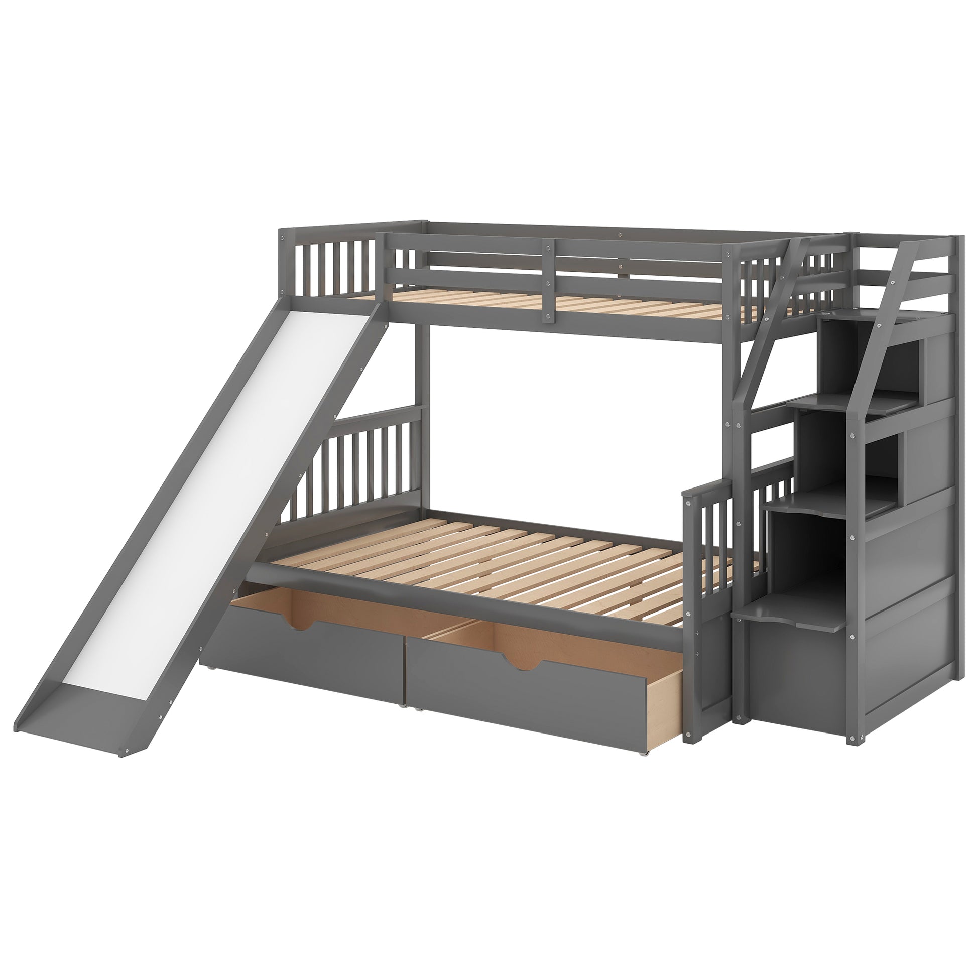 Twin Over Full Bunk Bed With Drawers,Storage And Slide, Multifunction, Gray Twin Box Spring Not Required Gray Pine