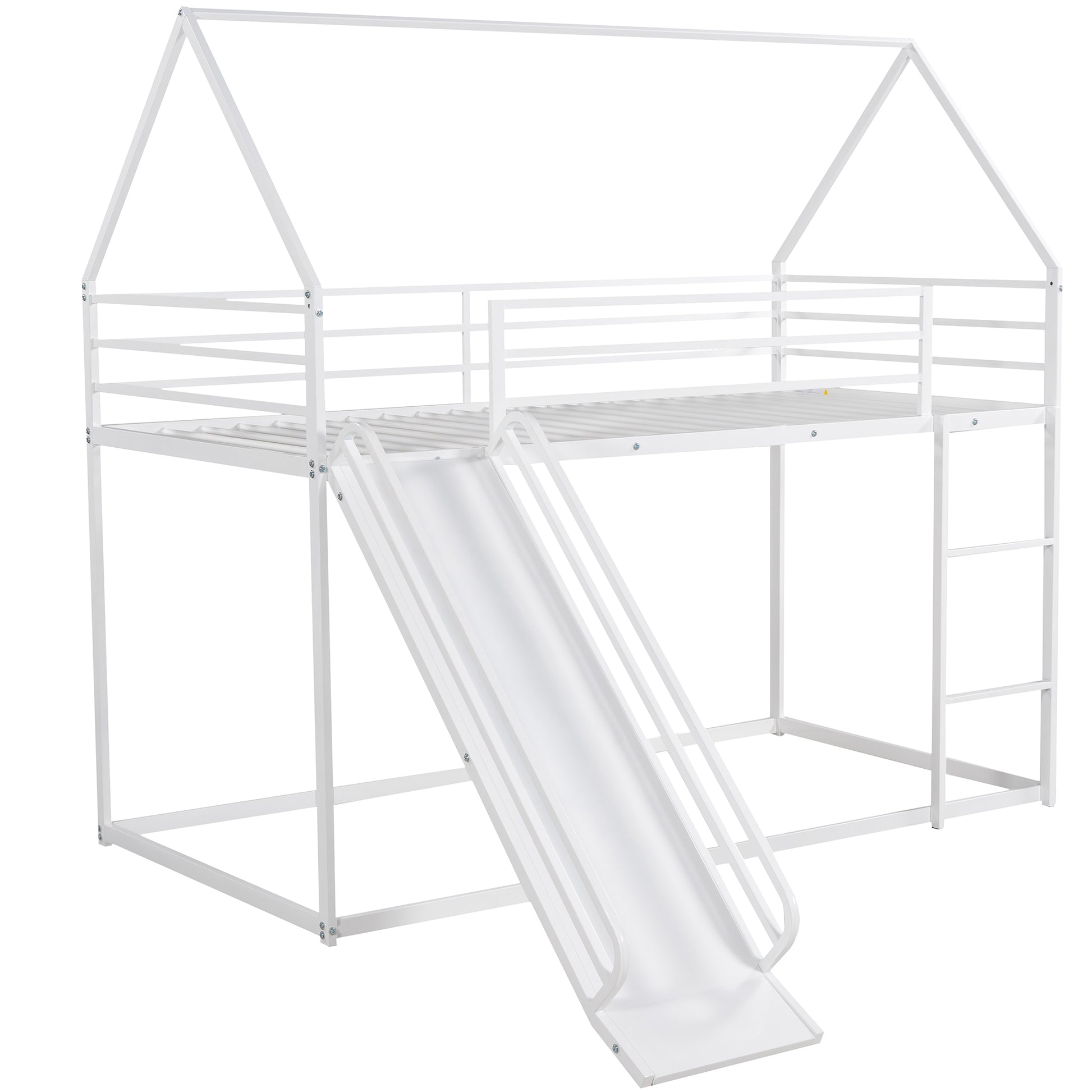 Twin Over Twin House Bunk Bed With Ladder And Slide,White White Metal