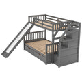 Twin Over Full Bunk Bed With Drawers,Storage And Slide, Multifunction, Gray Twin Box Spring Not Required Gray Pine