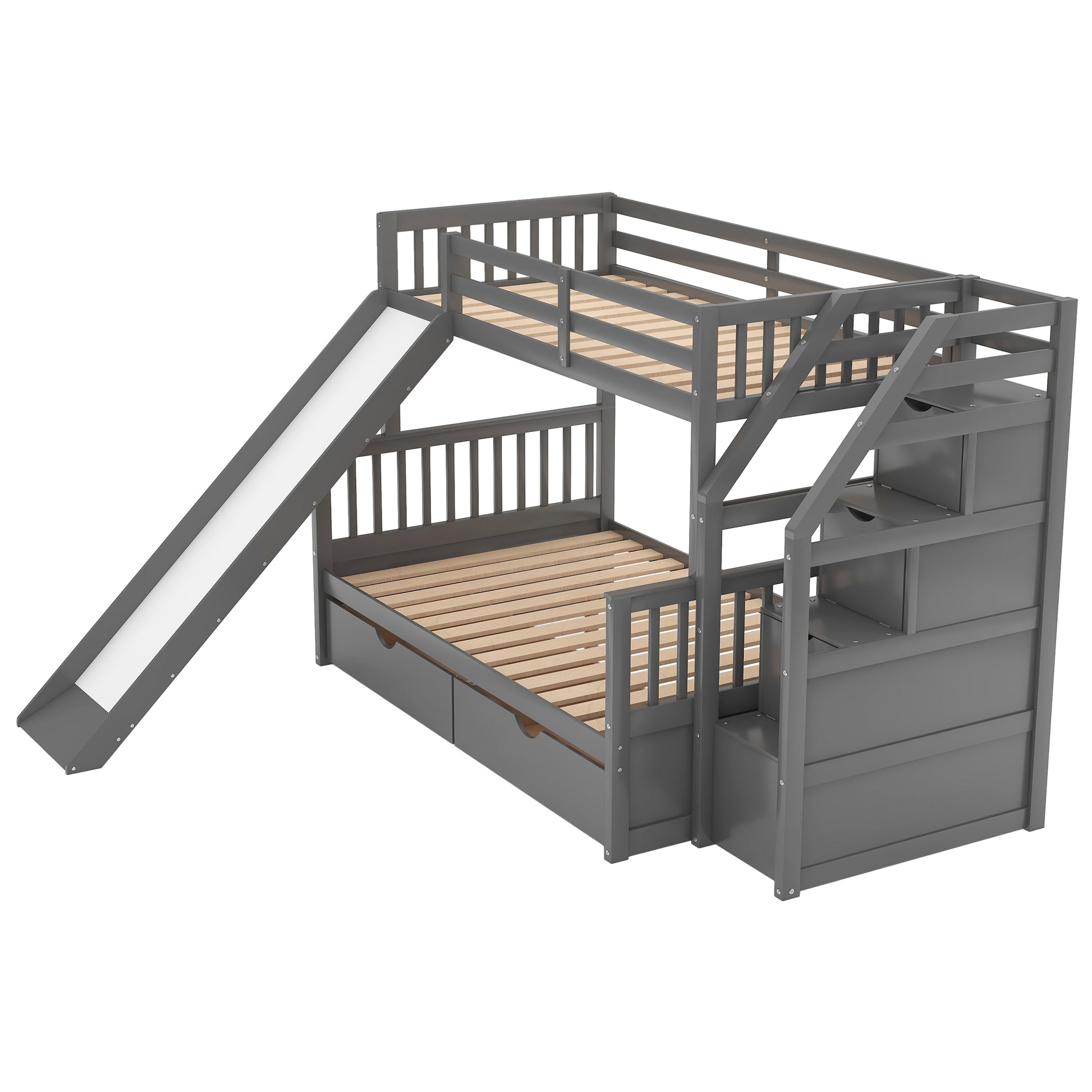 Twin Over Full Bunk Bed With Drawers,Storage And Slide, Multifunction, Gray Twin Box Spring Not Required Gray Pine