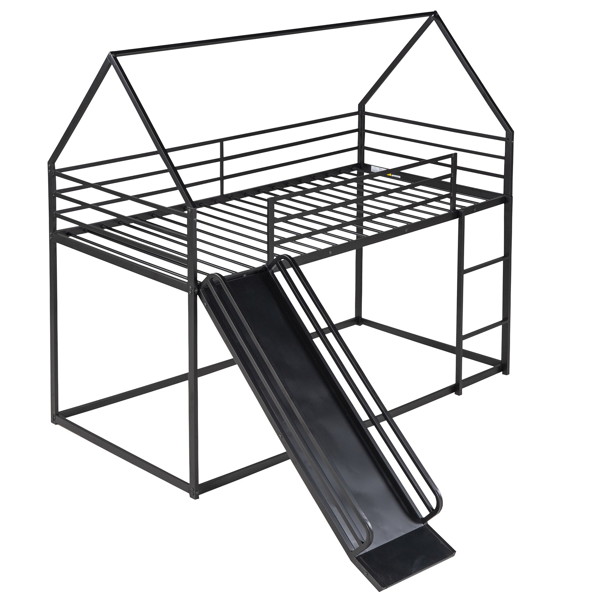 Twin Over Twin House Bunk Bed With Ladder And Slide,Black Black Metal