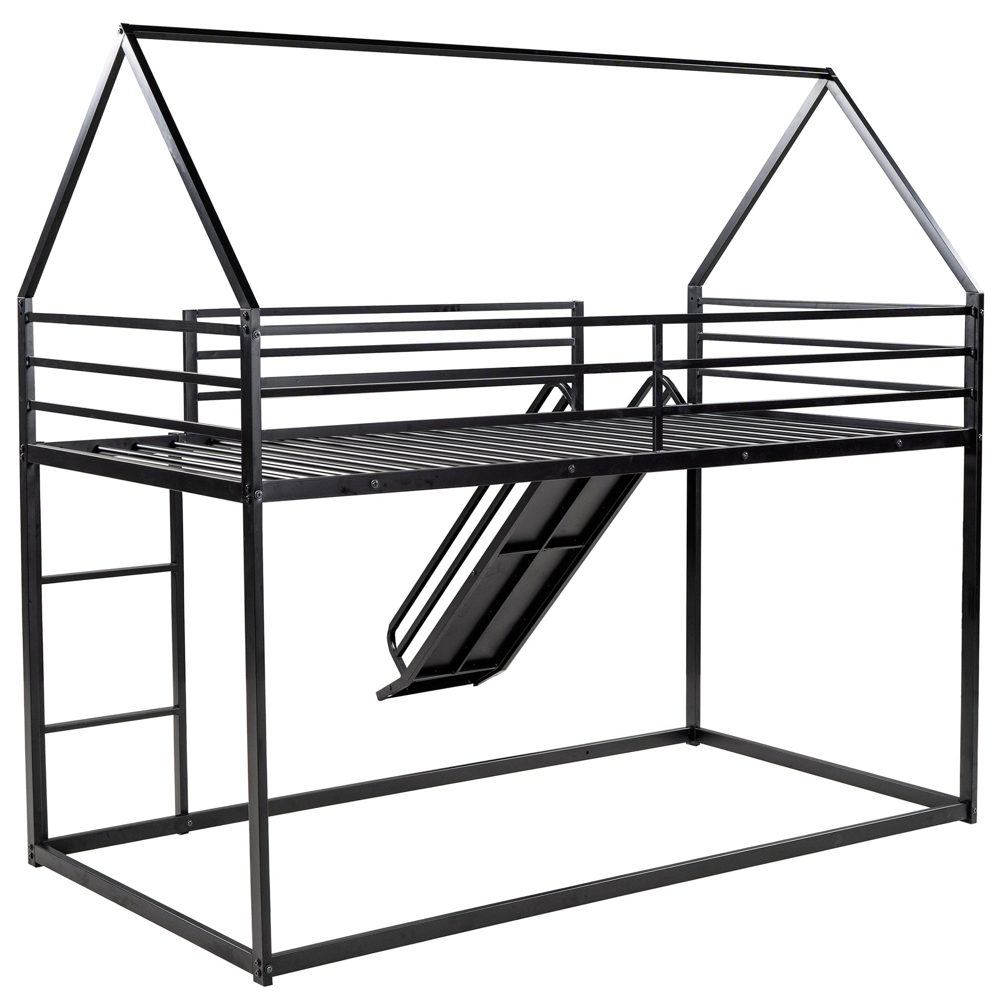 Twin Over Twin House Bunk Bed With Ladder And Slide,Black Black Metal